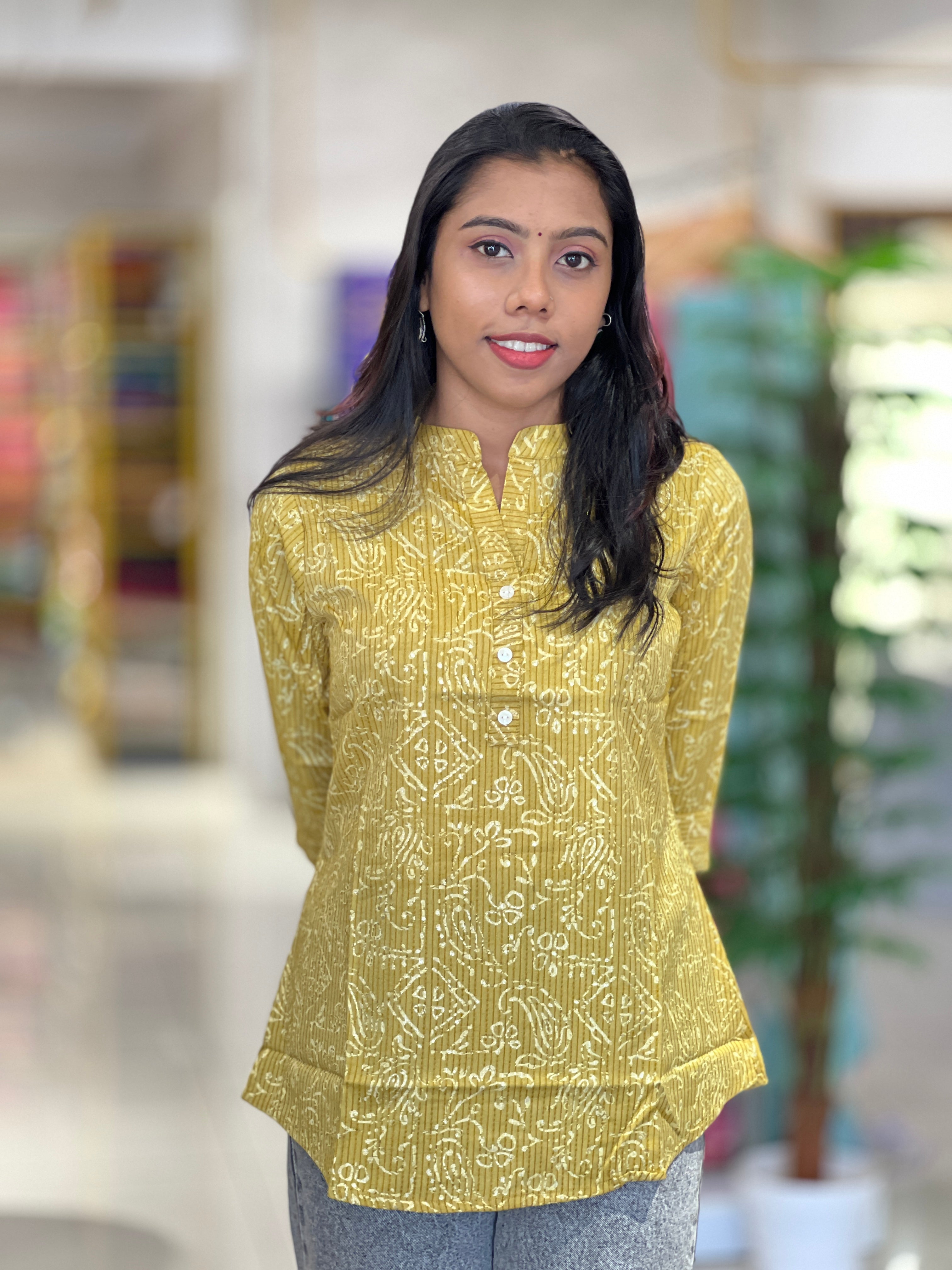 Screen Printed With Self Stripe Detailed Rayon Short Kurta | PIR124