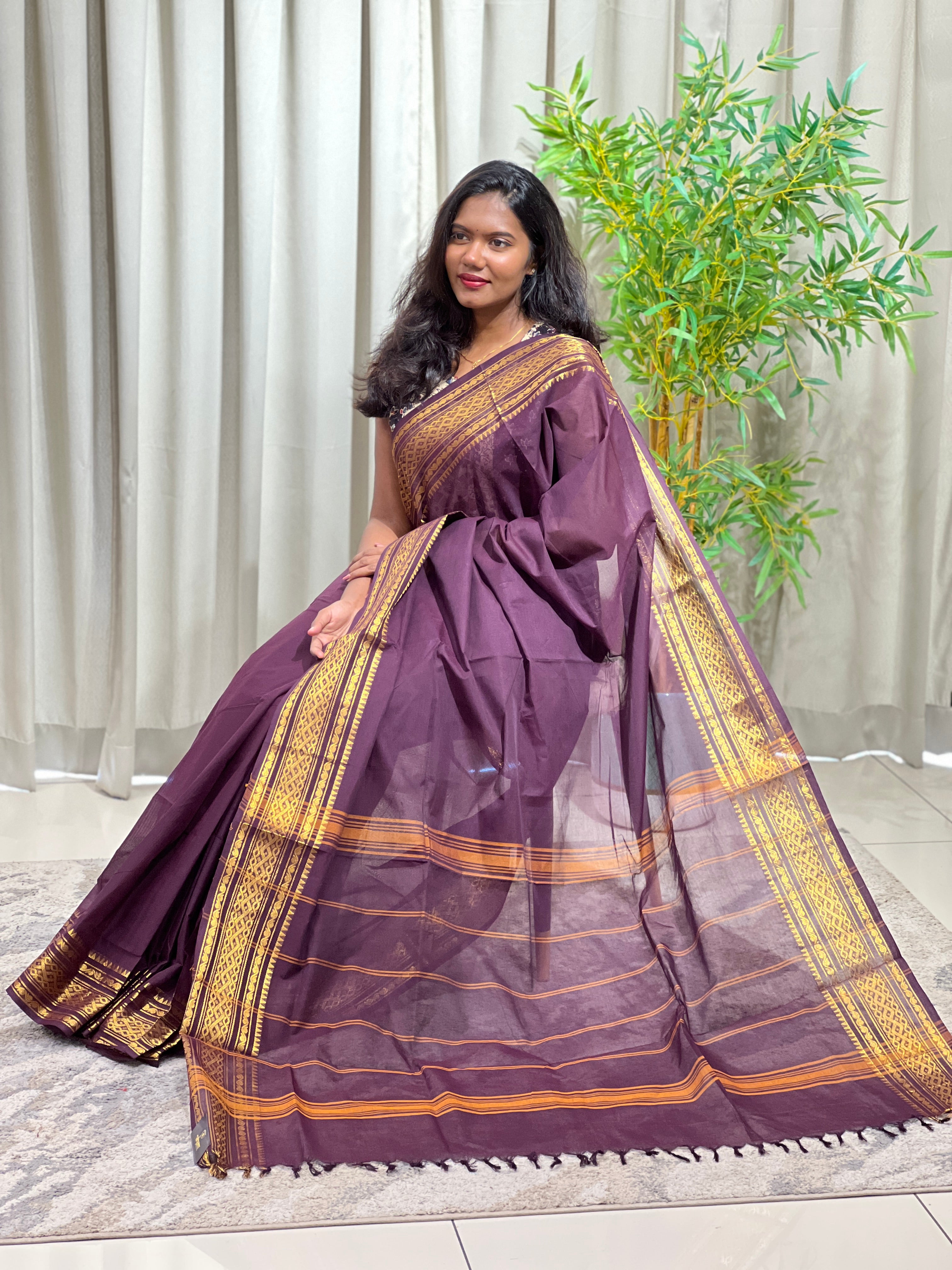 Soild Pattern Golden Zari Bordered Kanchi Cotton Saree | GAT520
