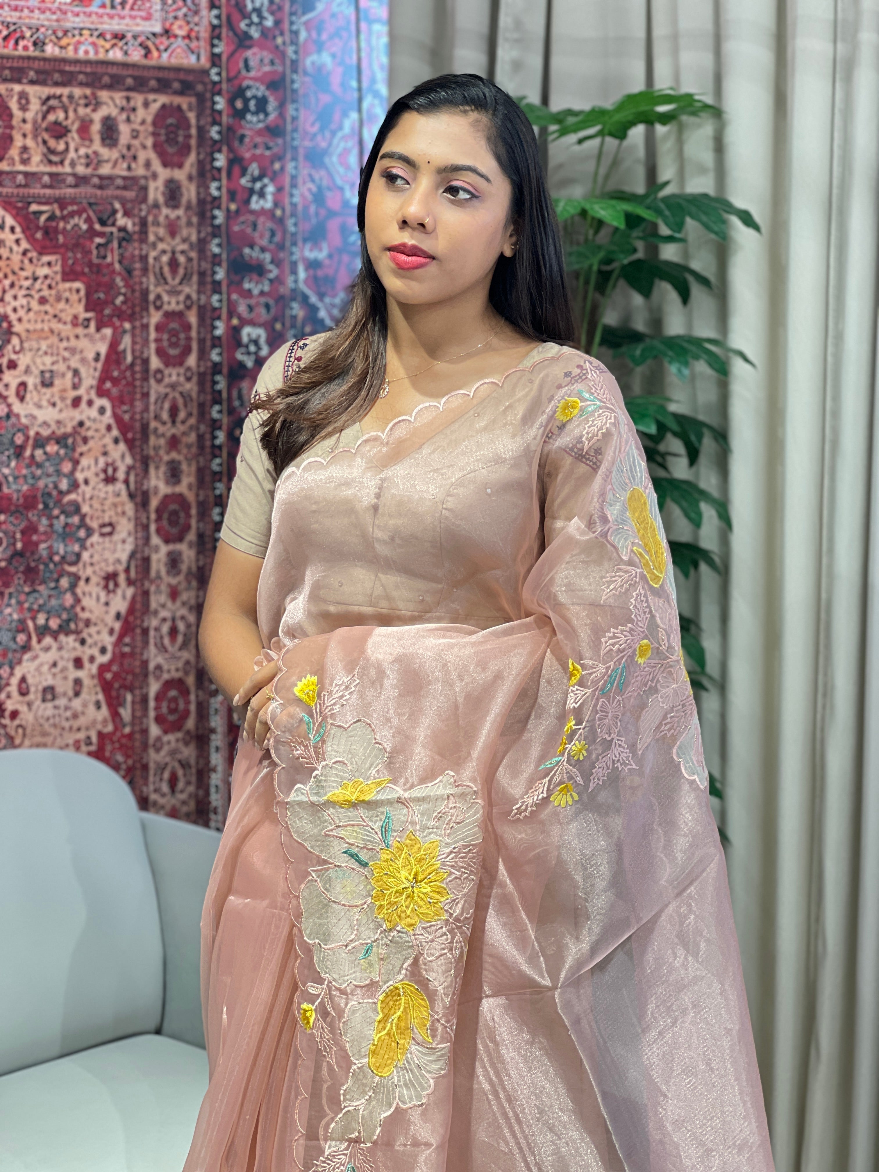 Floral Applique Detailed Shimmer Organza Saree | BLD1846