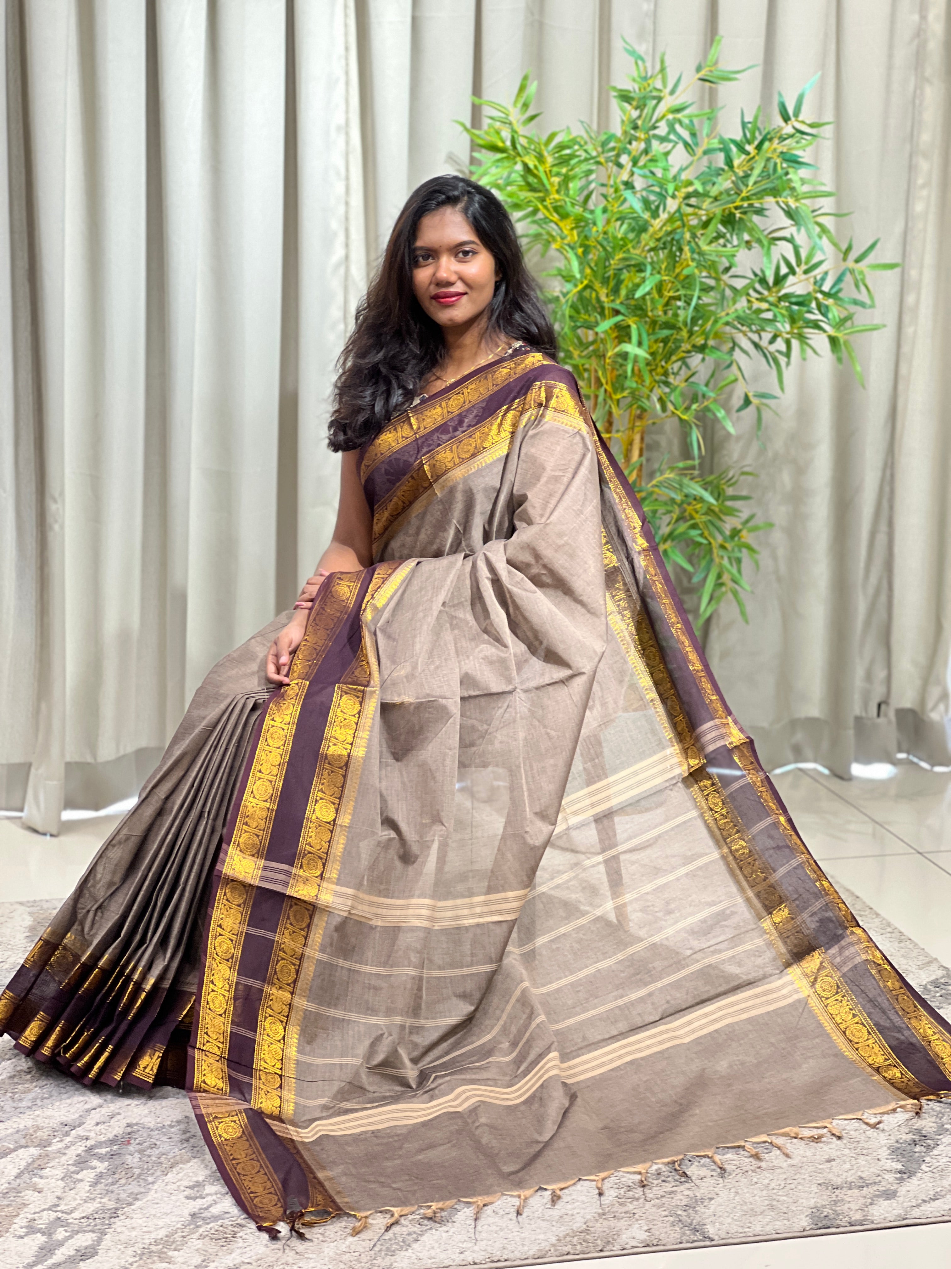 Solid Pattern Golden Zari Bordered Kanchi Cotton Saree | GAT515