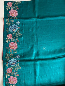 Floral Cross Stitch Embroidered Desi Tussar Saree | RGD324