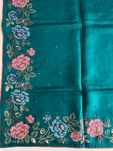 Floral Cross Stitch Embroidered Desi Tussar Saree | RGD324