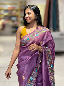 Traditional Hand Embroidered Crushed Organza Saree | GAR136