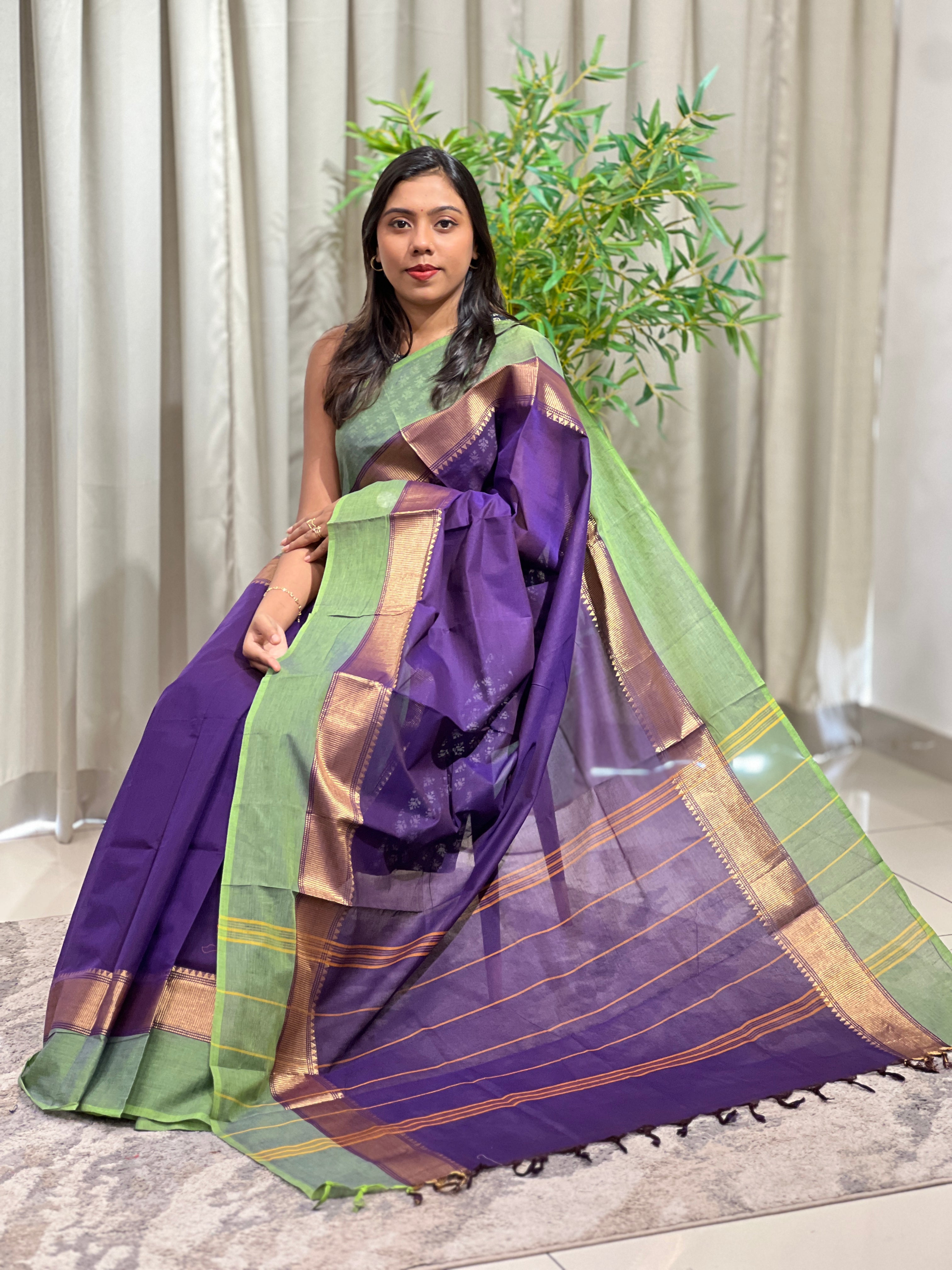 Solid Pattern Golden Zari Bordered Kanchi Cotton Saree | GAT518