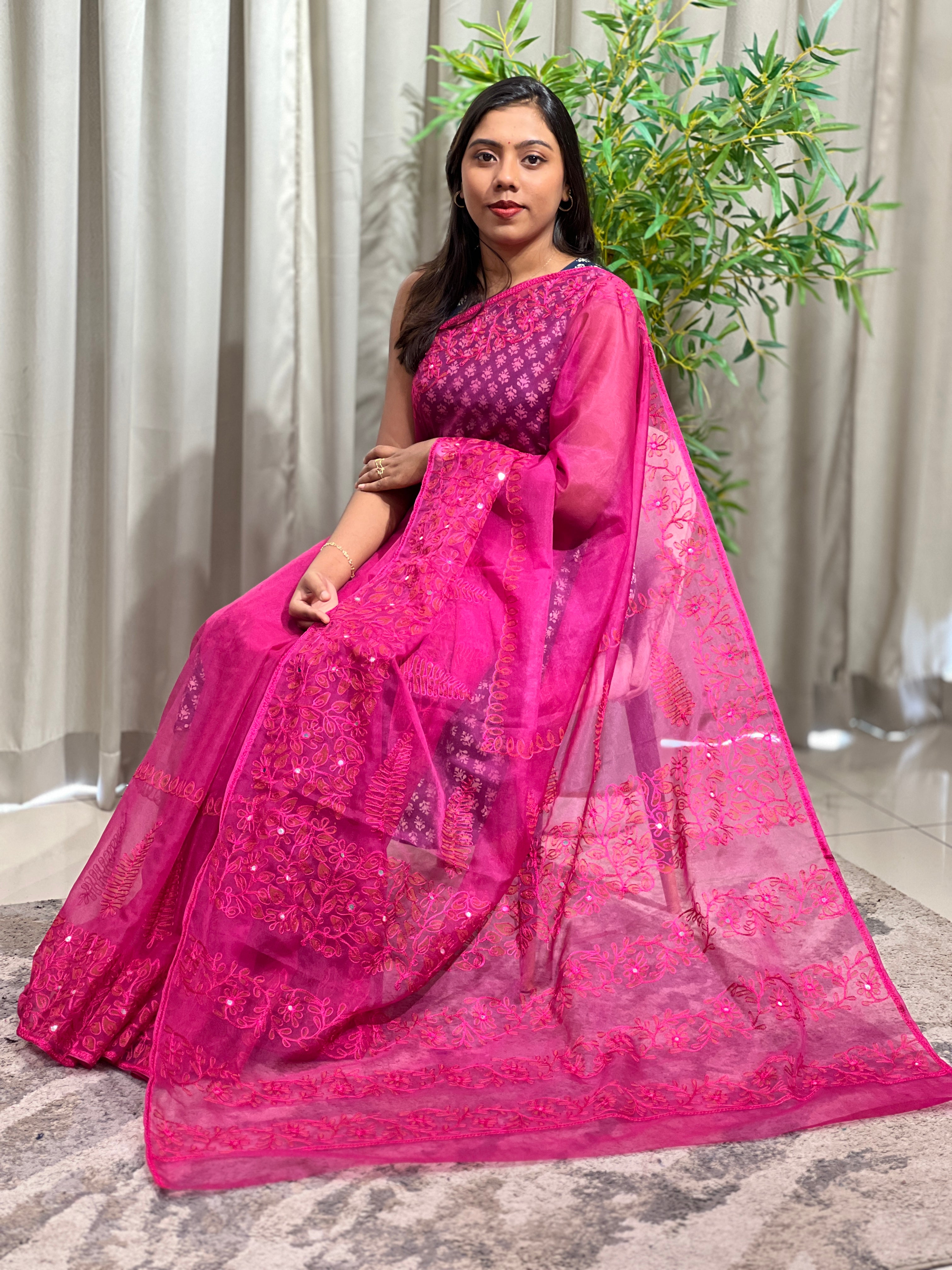 Block Printed Viscose Organza Saree | JSC769