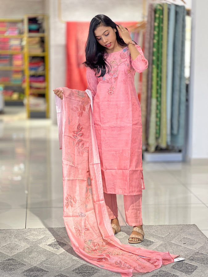 Floral Print With Sequence Detailed Chanderi Kurta Set | VFD106