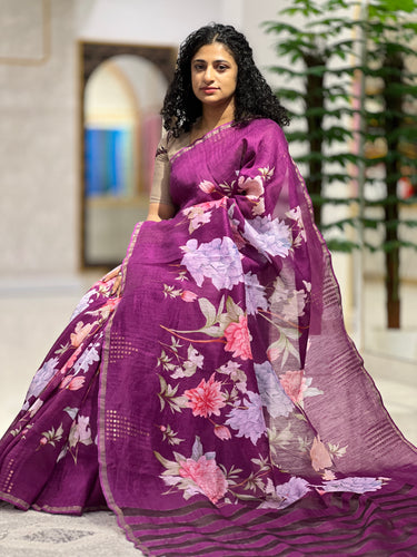 Floral Digital Printed Silk Linen Saree | RGD355