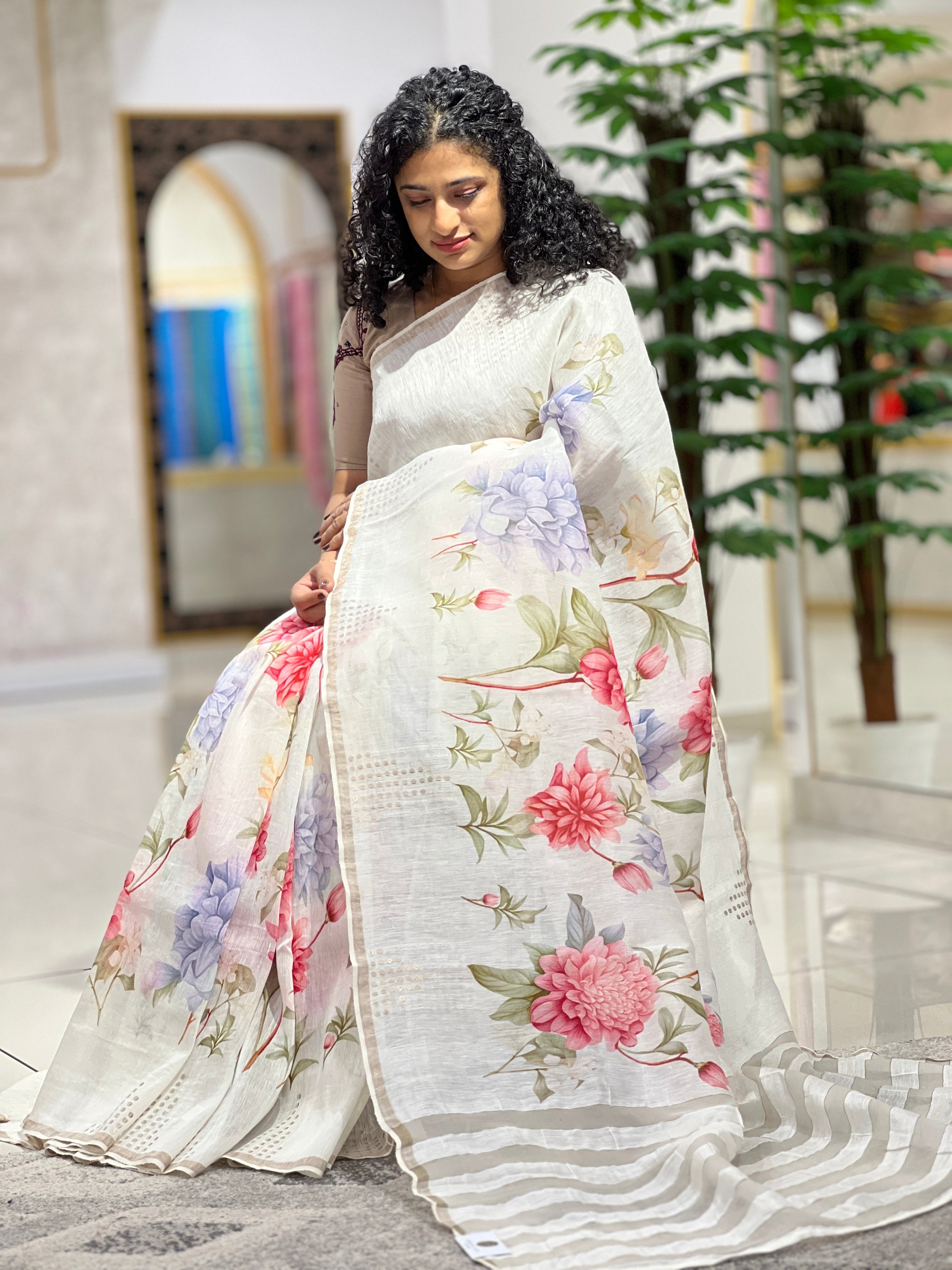 Floral Digital Printed Silk Linen Saree| RGD356