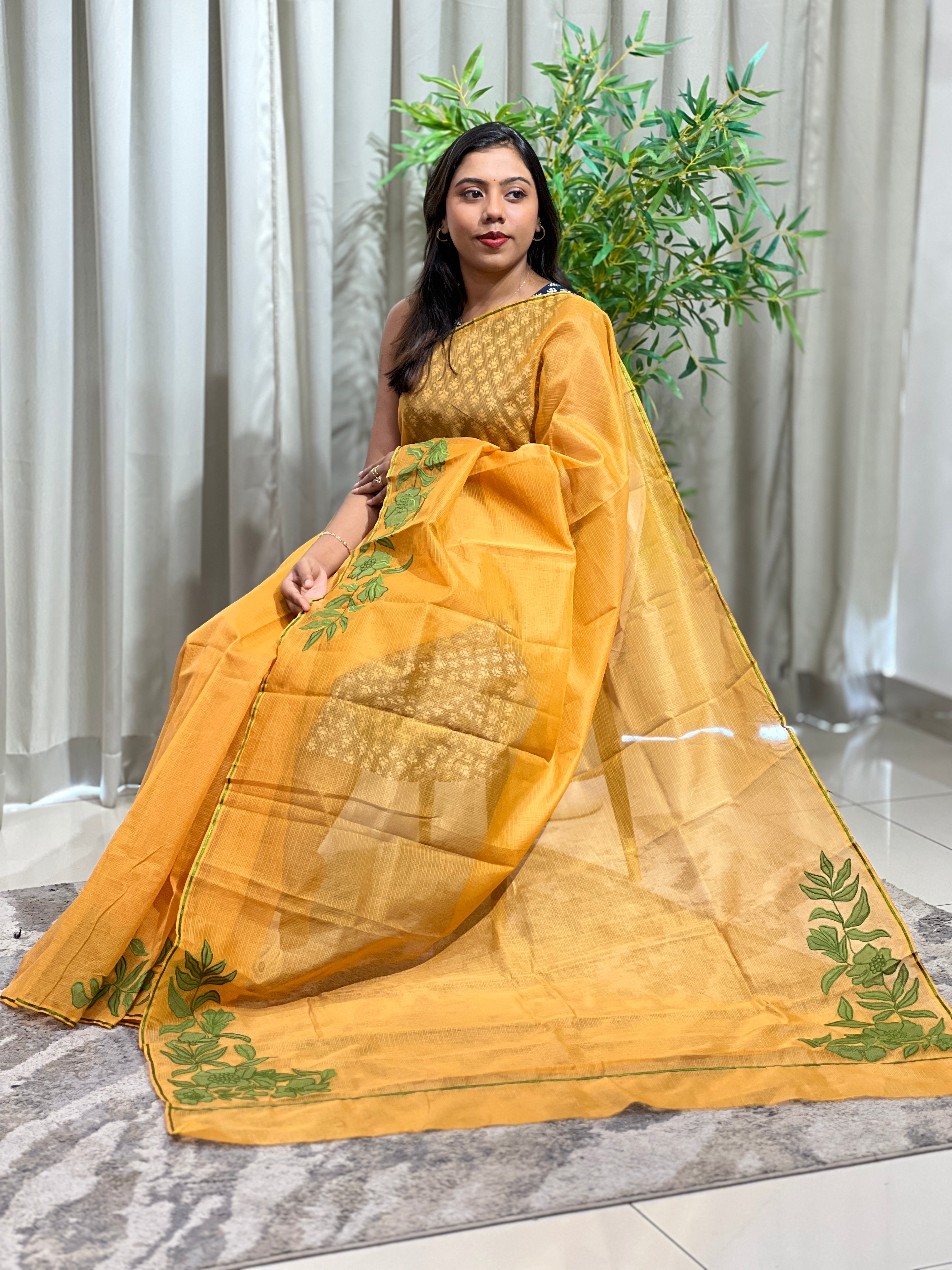 Floral Embroidered Muga Check Kota Saree | JSC744