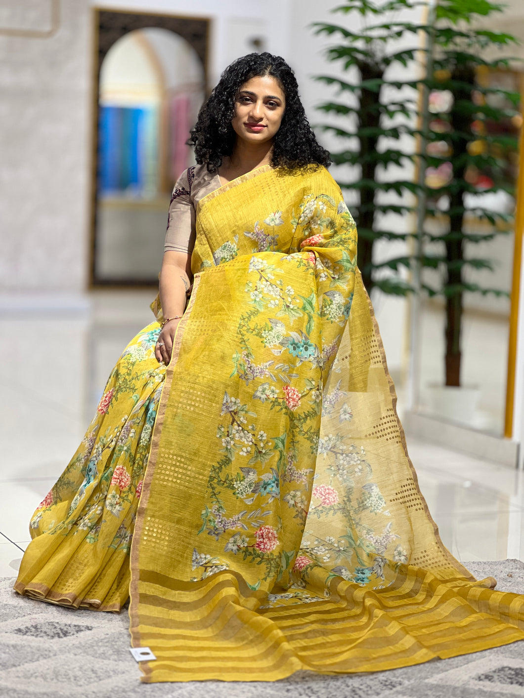 Floral Digital Printed Silk Linen Saree | RGD359