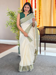 Zari and Thread Stripes Weaved Kerala Cotton Saree | KL418