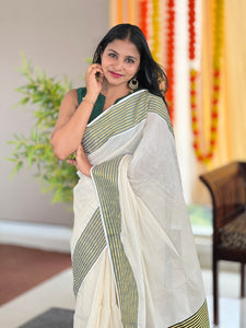 Zari and Thread Stripes Weaved Kerala Cotton Saree | KL418