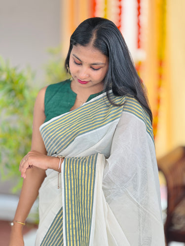 Zari and Thread Stripes Weaved Kerala Cotton Saree | KL418