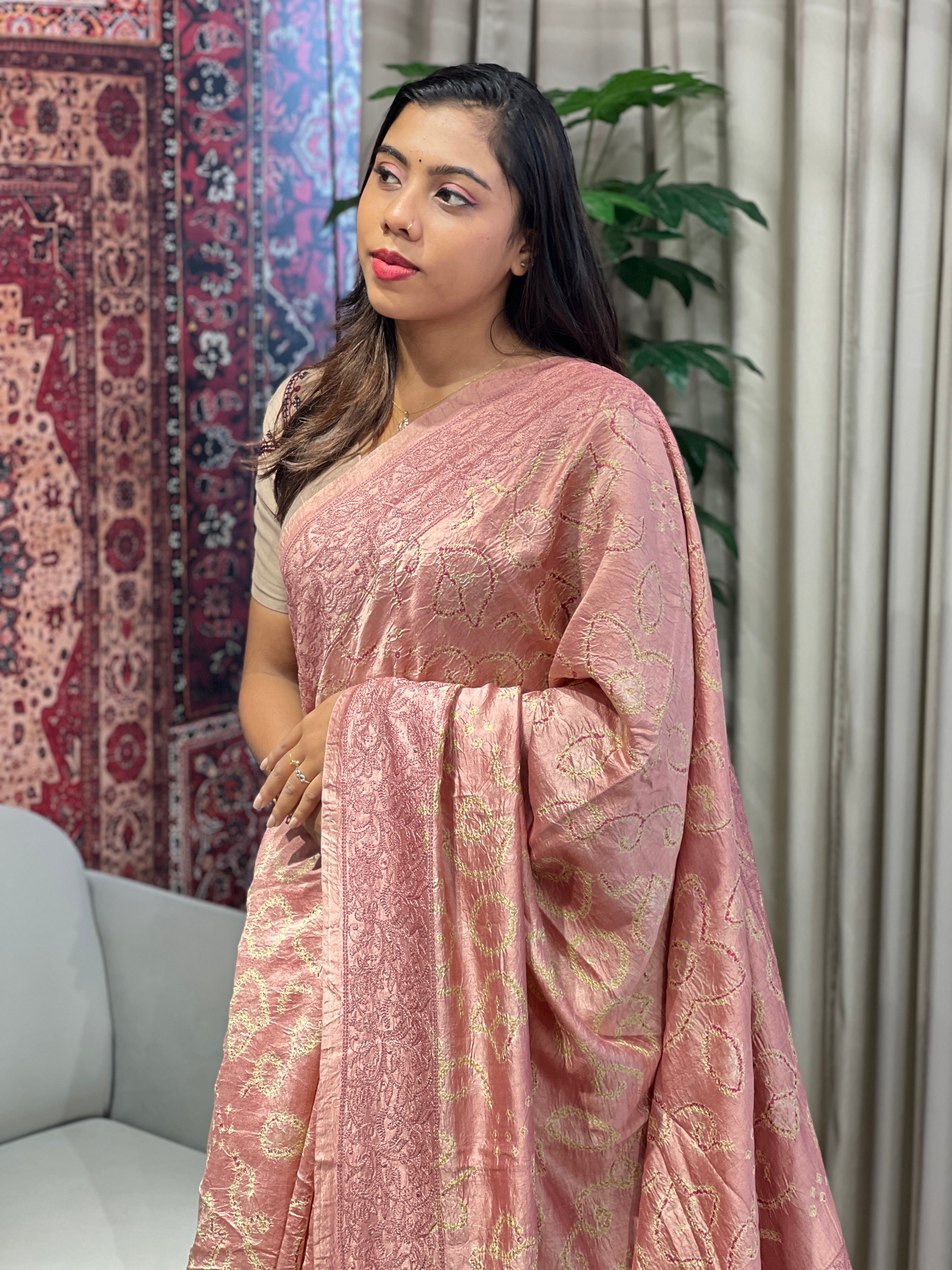 Bandhani Patterned Pure Tussar Saree | YNG813