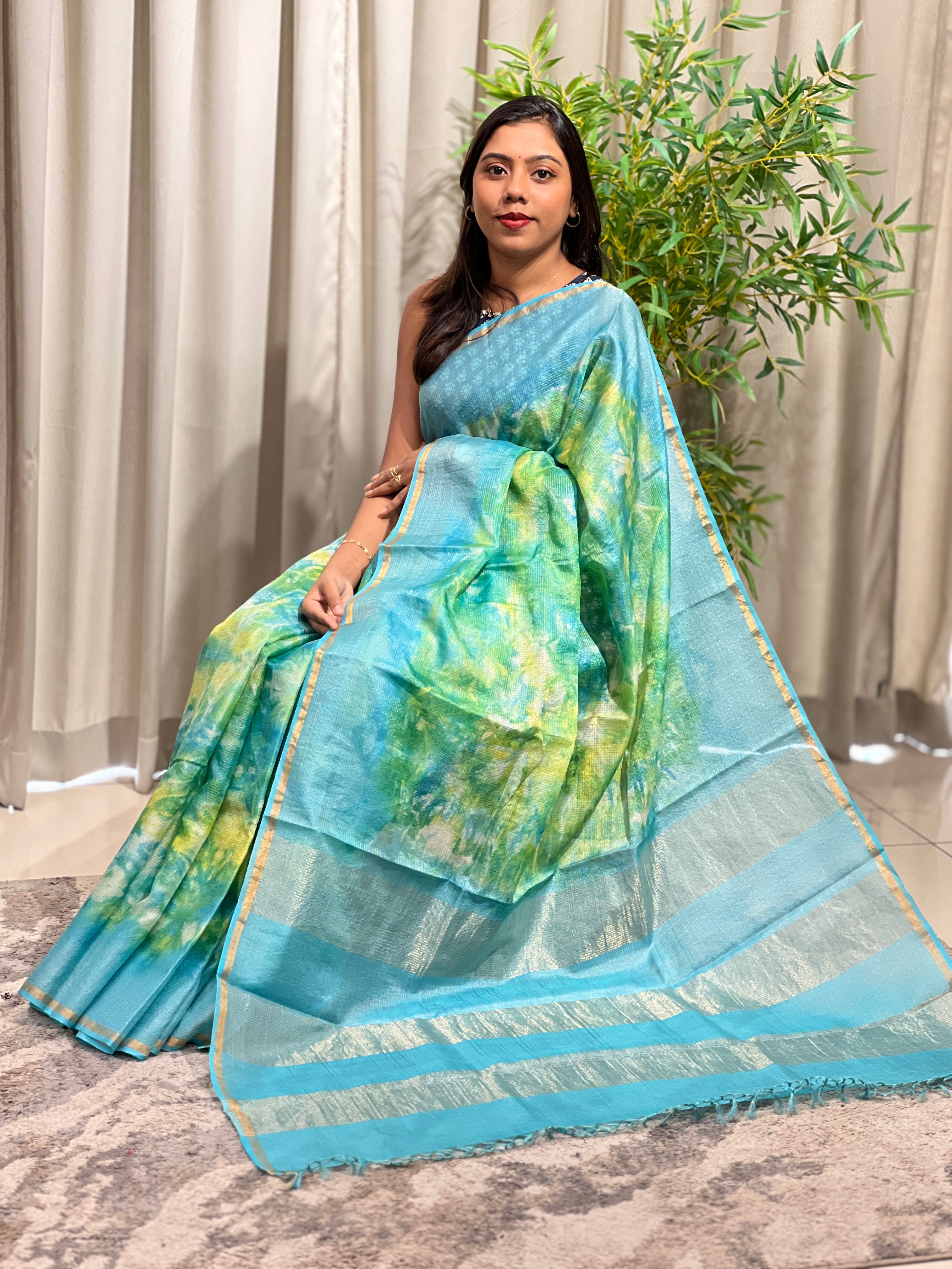 Check Patterned Tie & Dye Tussar Saree | HS1451