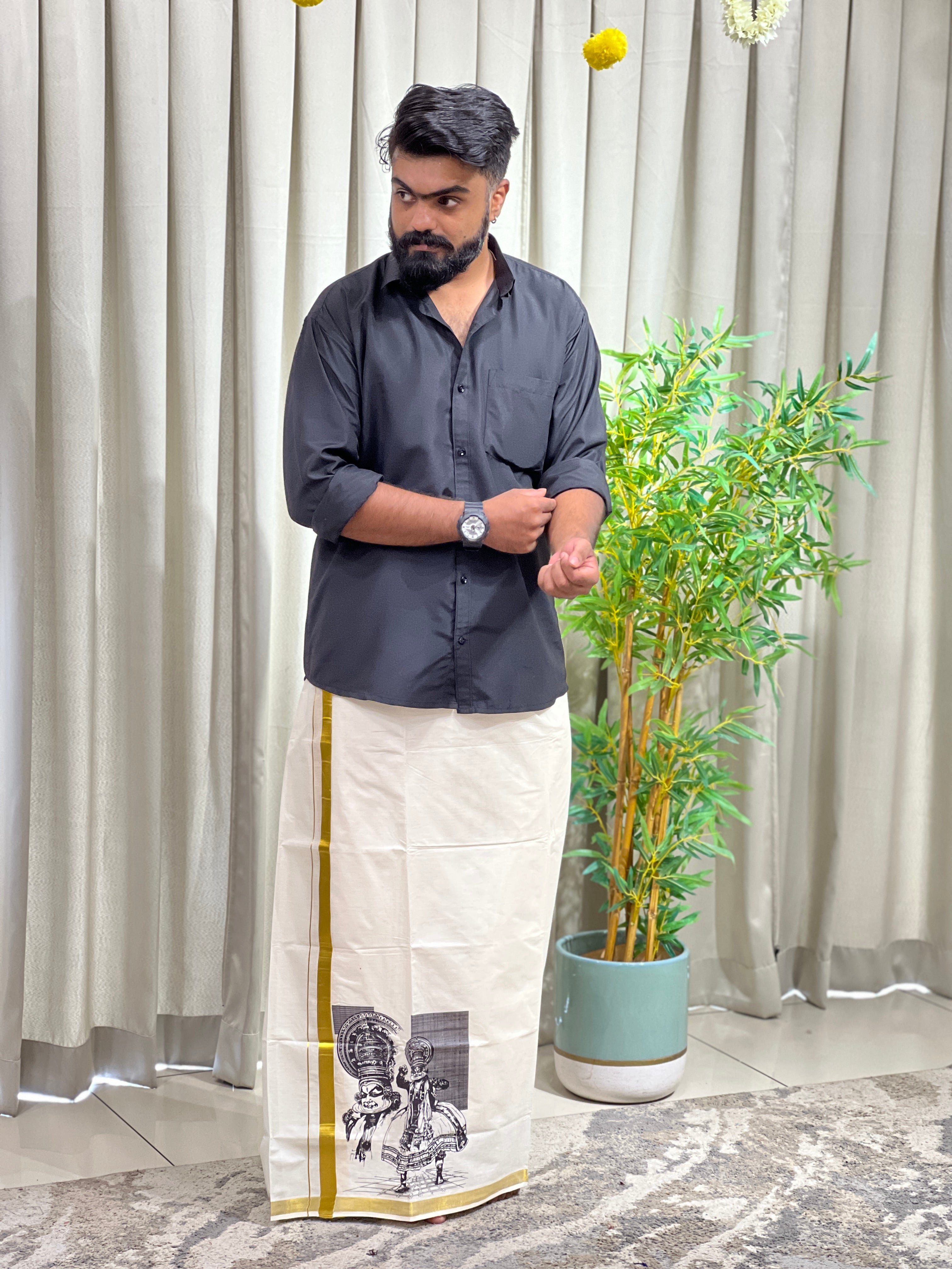 Golden Kasavu Border Powerloom  Kerala Cotton Mundu | GAT413
