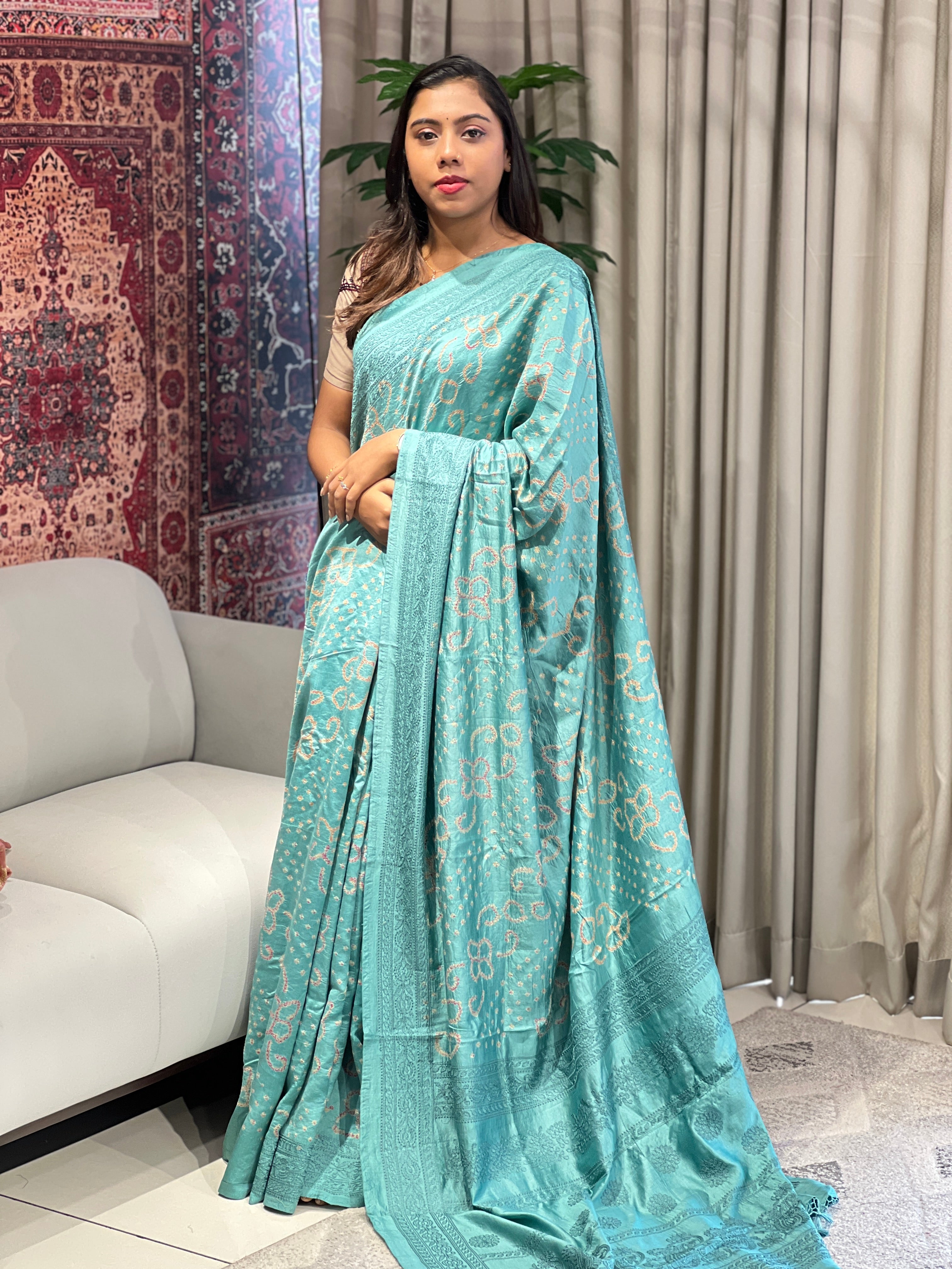 Bandhani Patterned Pure Tussar Saree | YNG812