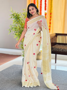 Machine Embroidery Patterned Linen Saree | NHH544