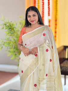Machine Embroidery Patterned Linen Saree | NHH544