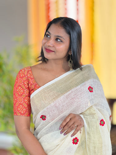 Machine Embroidery Patterned Linen Saree | NHH544