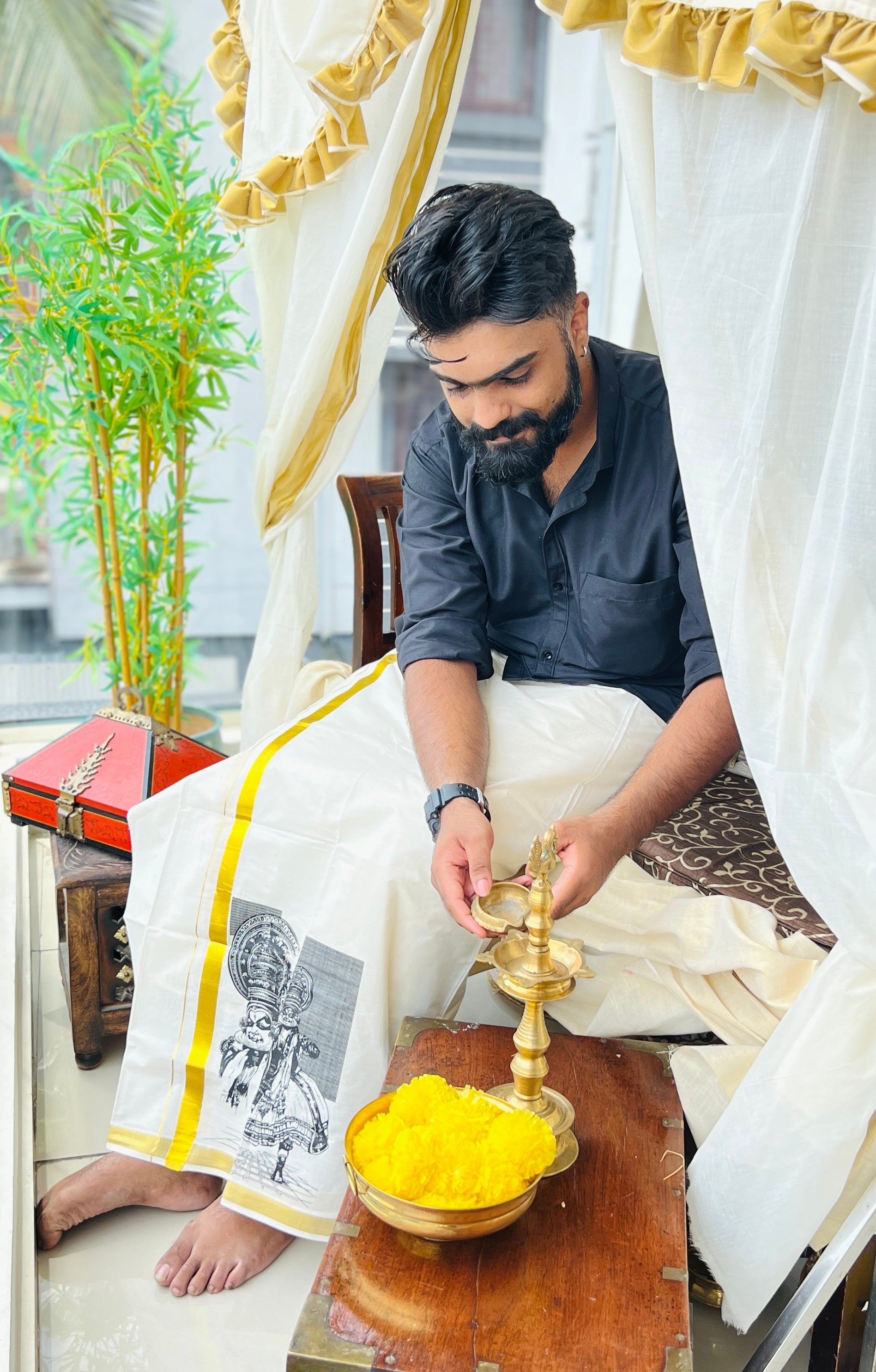 Golden Kasavu Border Powerloom  Kerala Cotton Mundu | GAT413