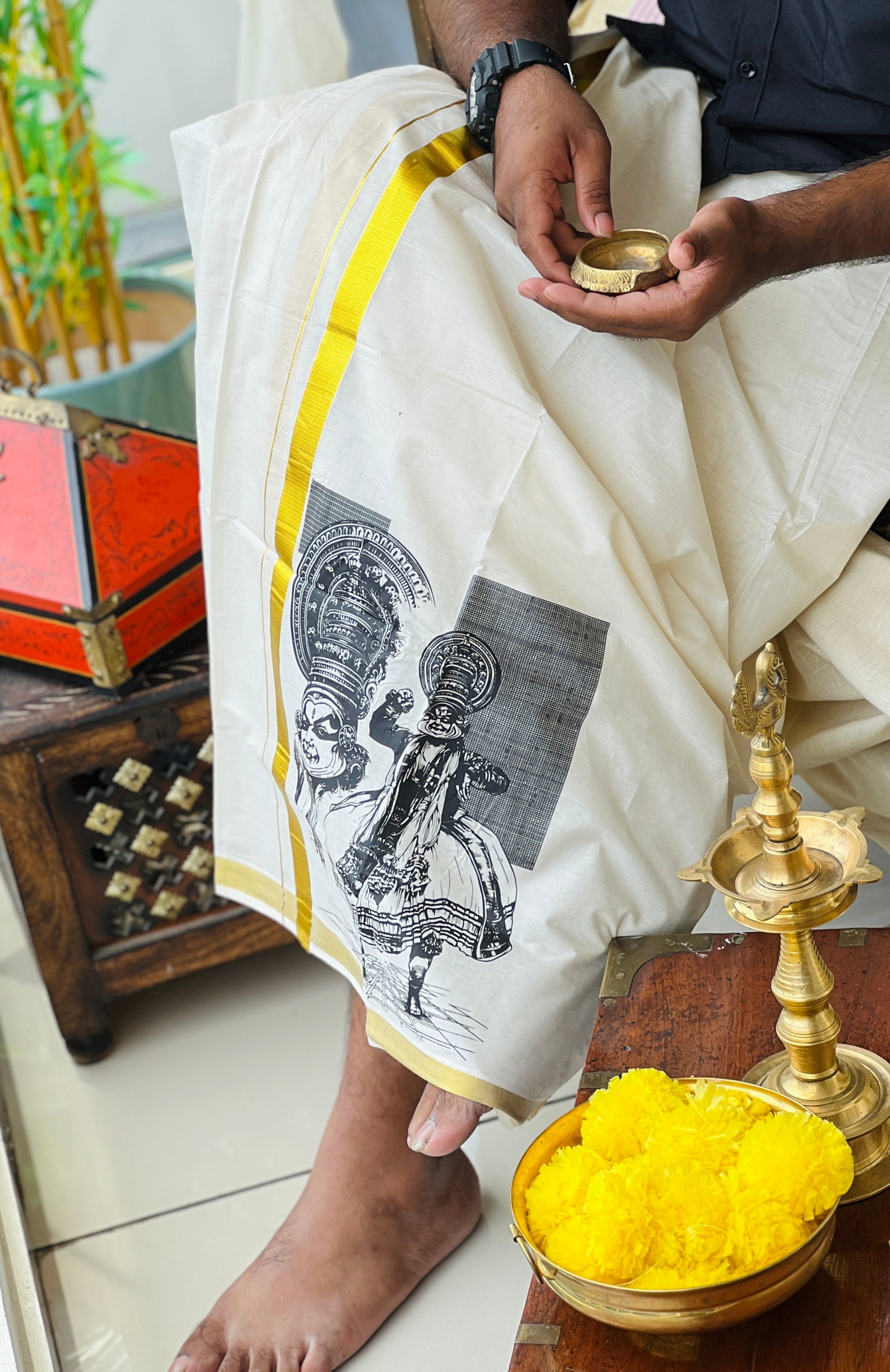 Golden Kasavu Border Powerloom  Kerala Cotton Mundu | GAT413