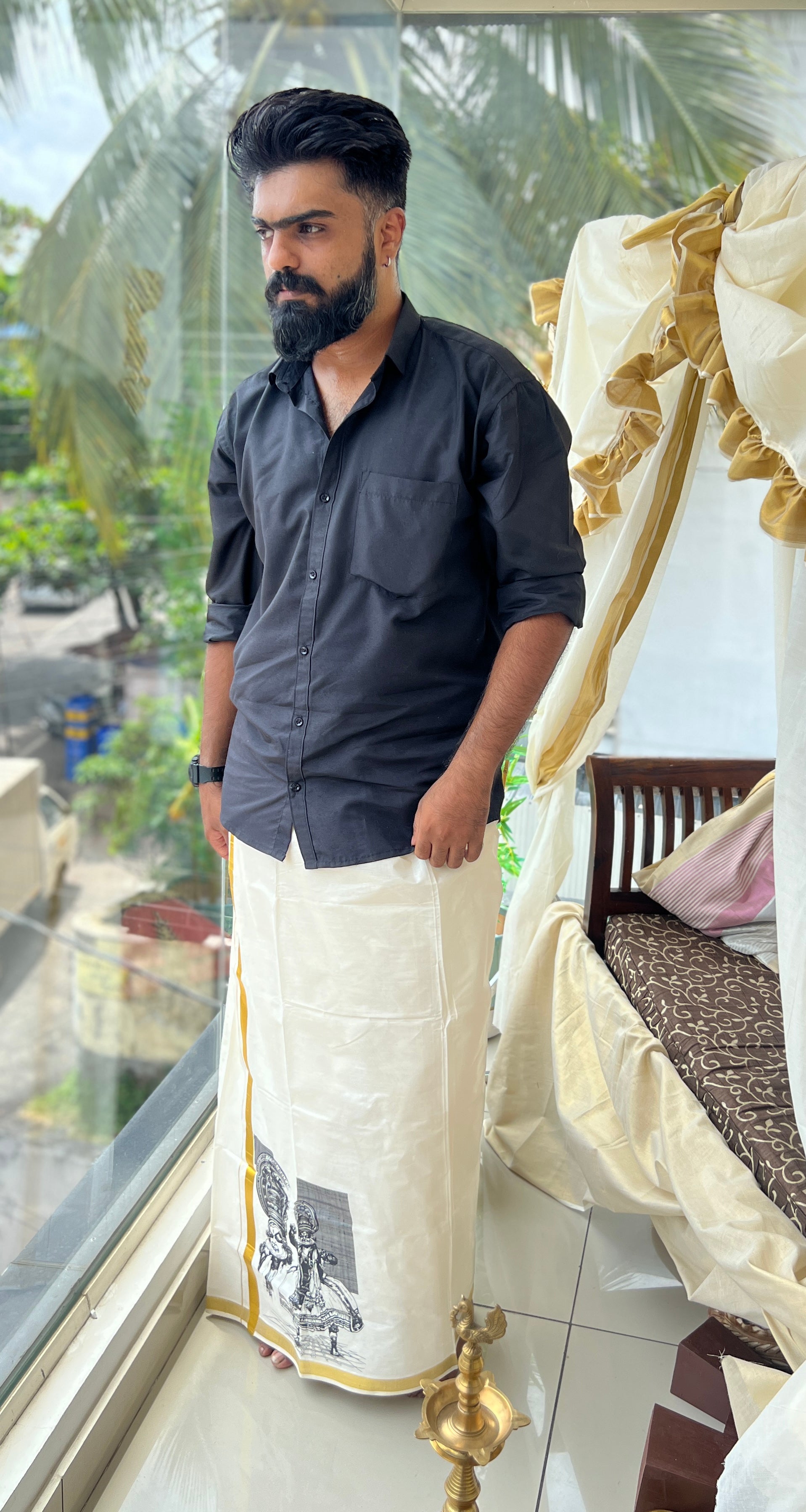 Golden Kasavu Border Powerloom  Kerala Cotton Mundu | GAT413