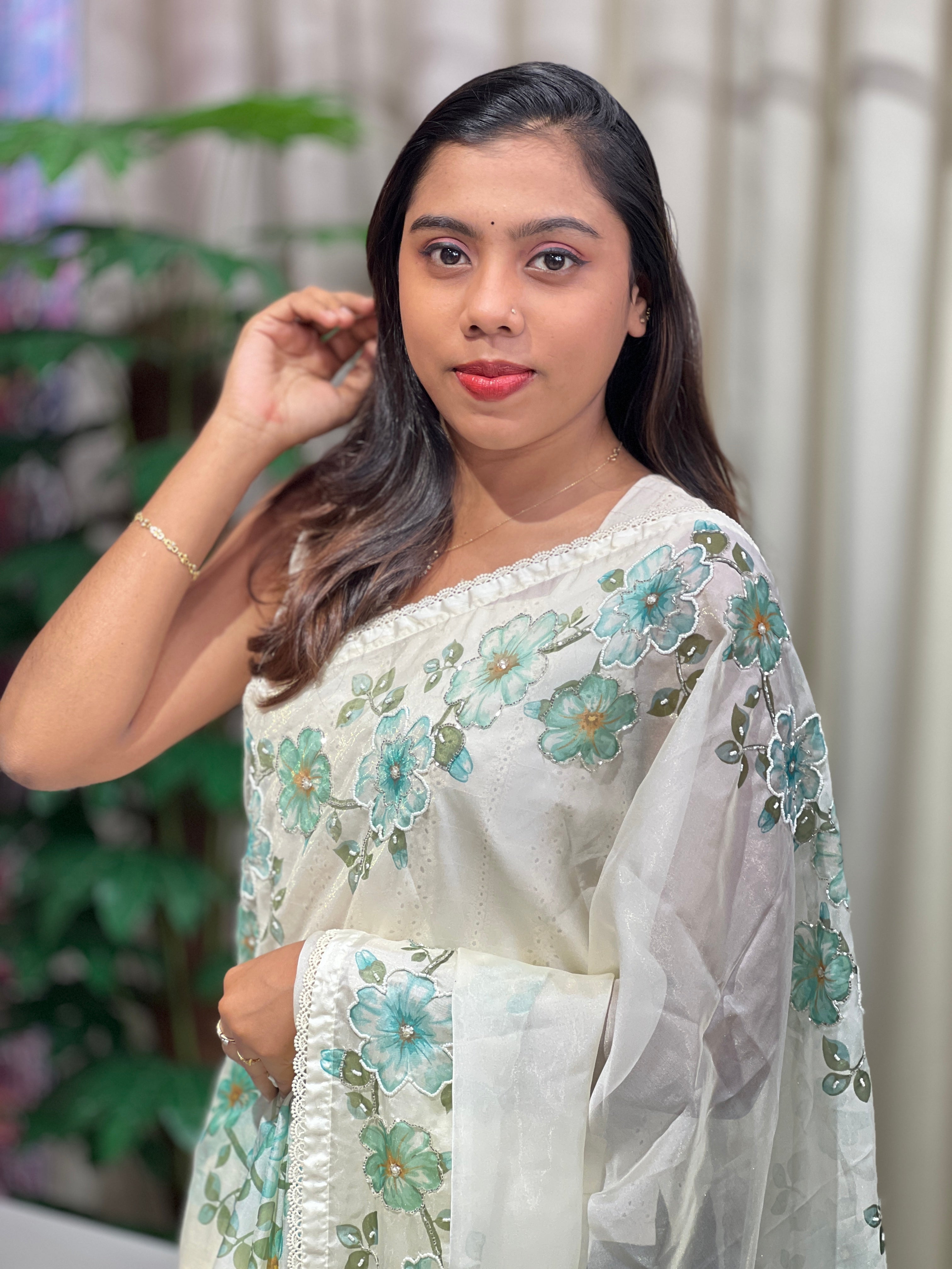 Floral Printed Shimmer Organza Saree | HT368