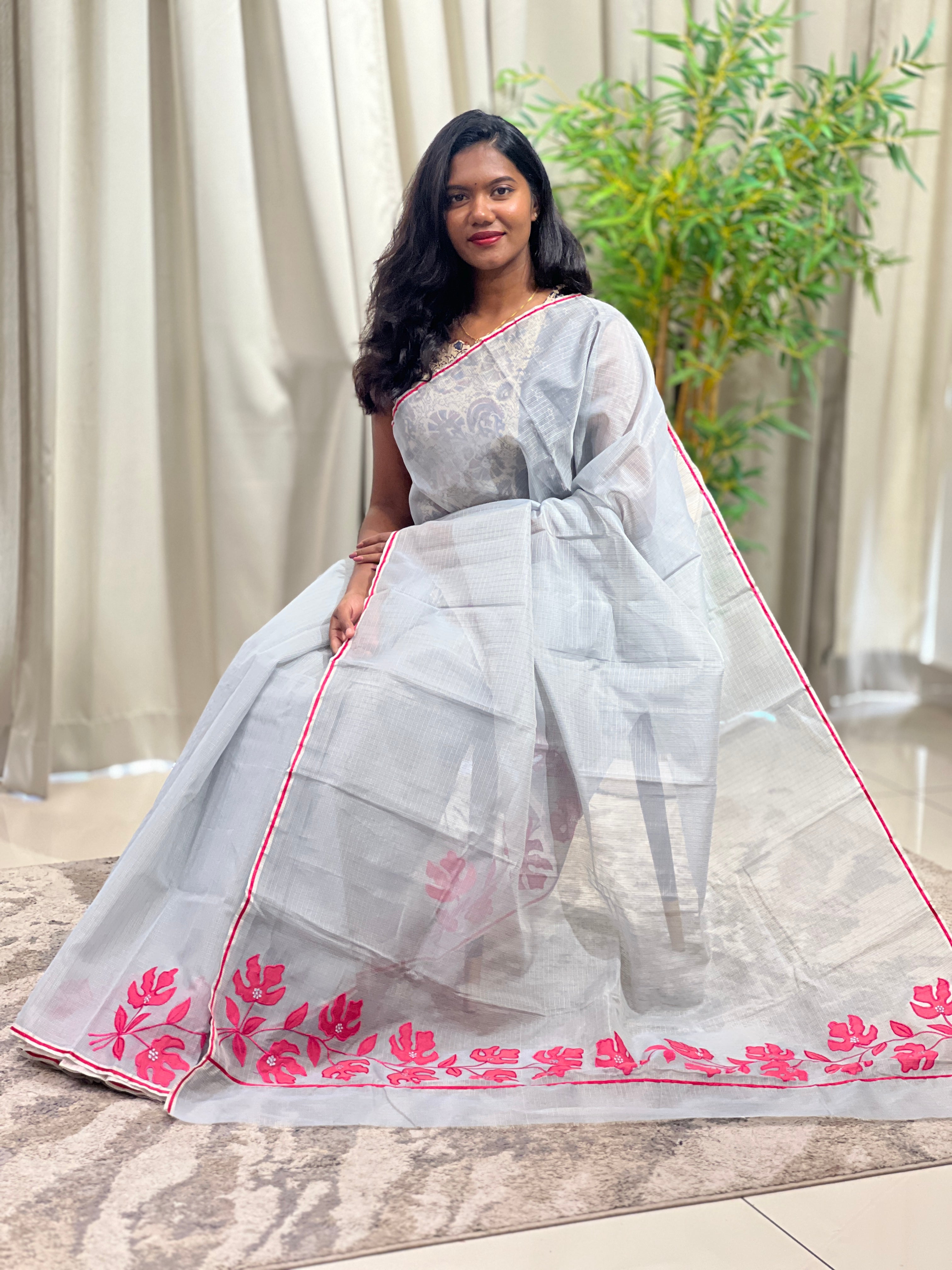 Embroidered Applique Muga Check Kota Saree | JSC743