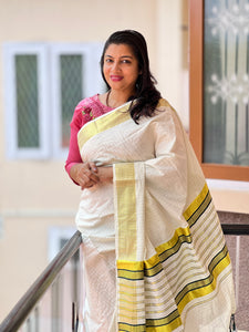 Line Weaving Pattern Tissue Kerala Saree | GAT133