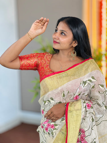 Machine Embroidery Patterned Linen Saree | NHH543
