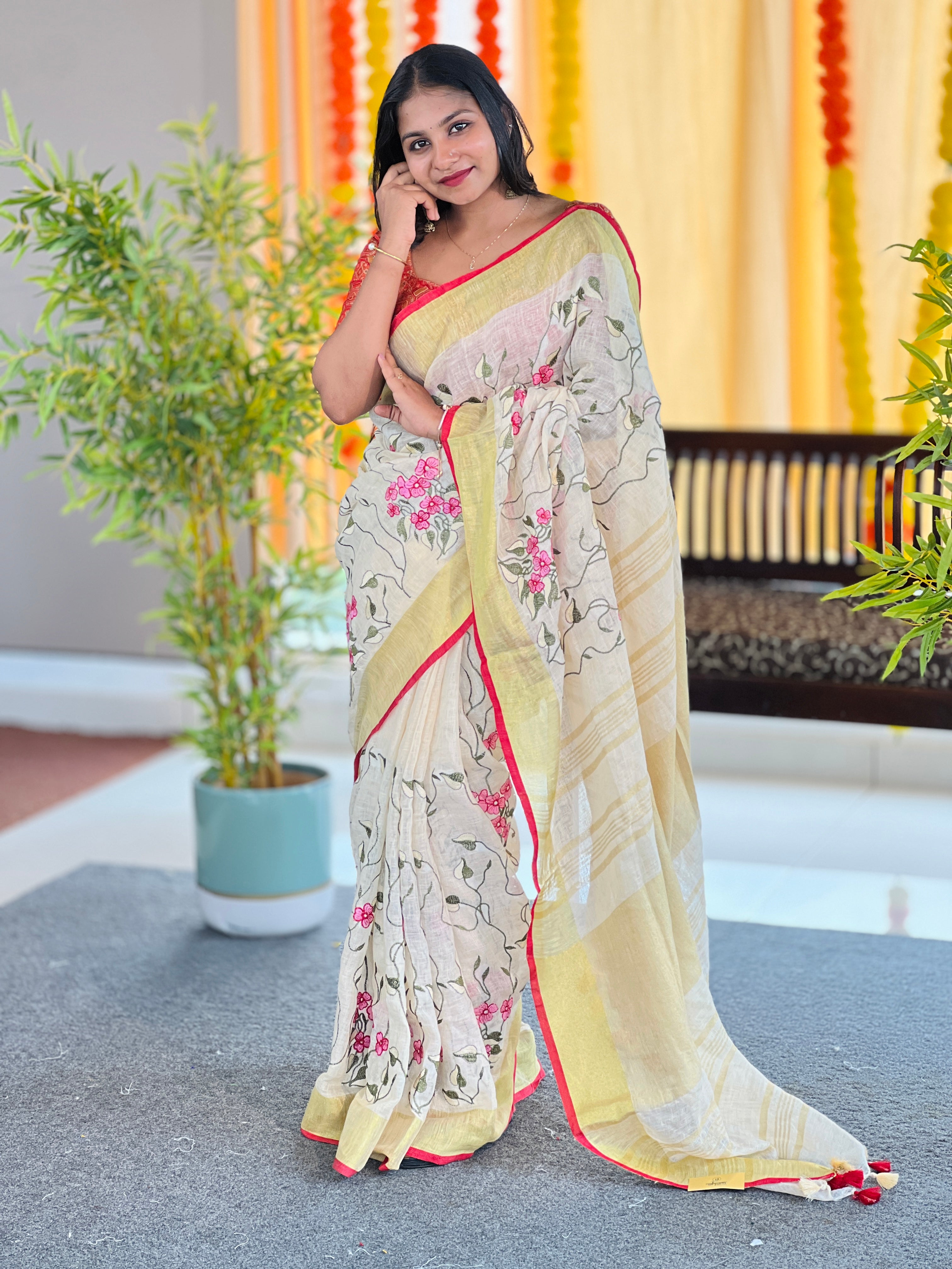 Machine Embroidery Patterned Linen Saree | NHH543