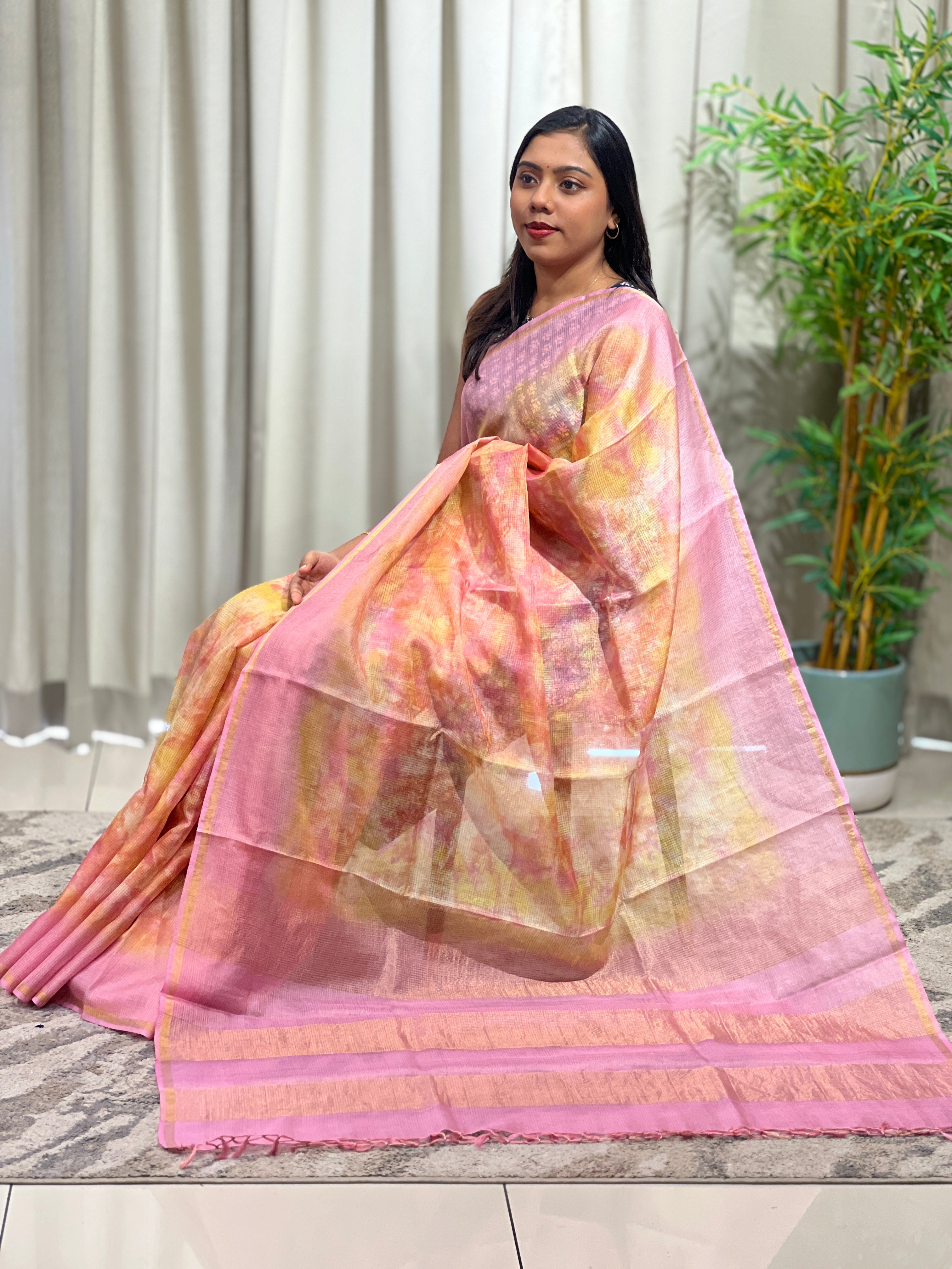 Check Patterned Tie & Dye Tussar Saree | HS1454