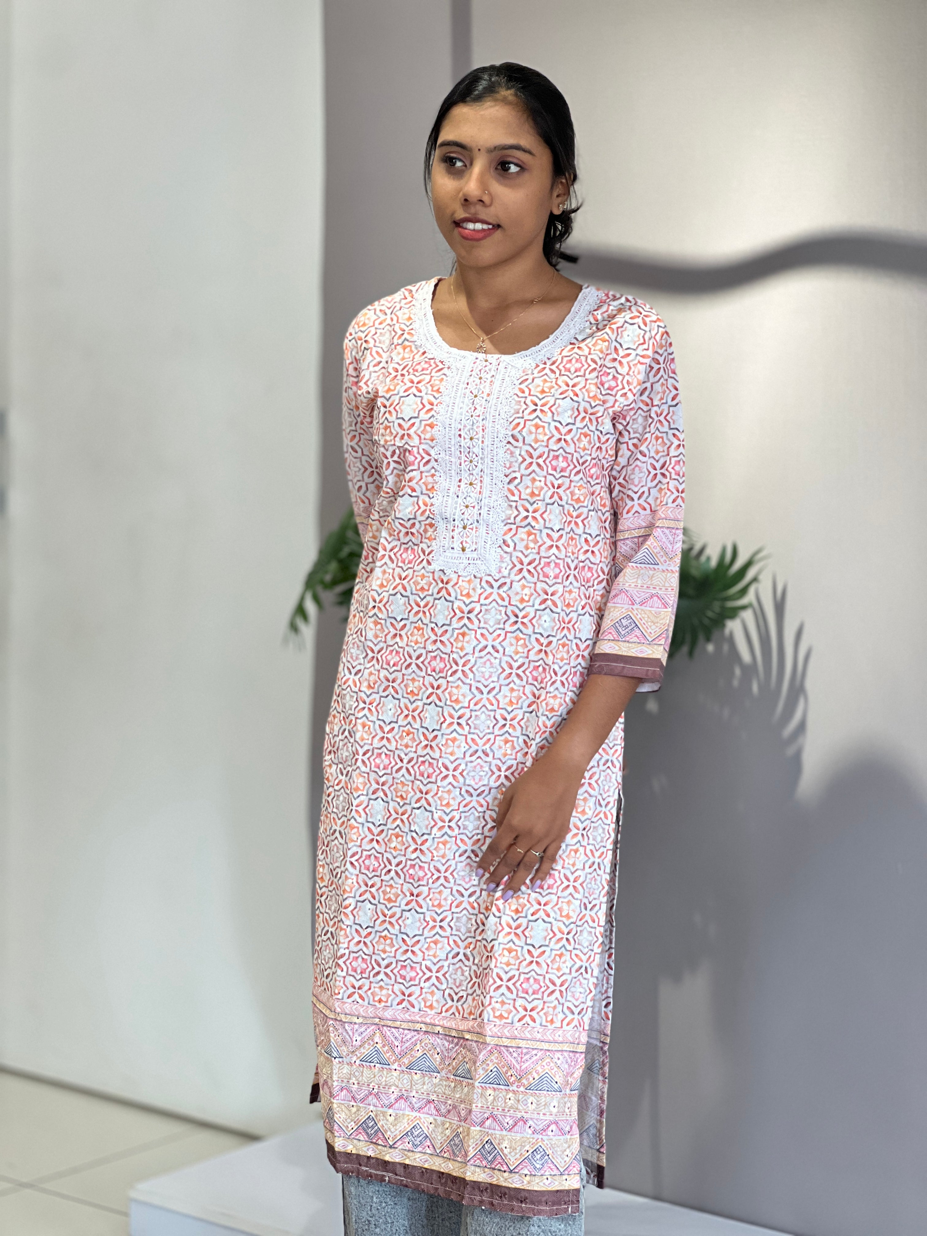 Geometric Print Patterned Slub Cotton Kurta | NEF114