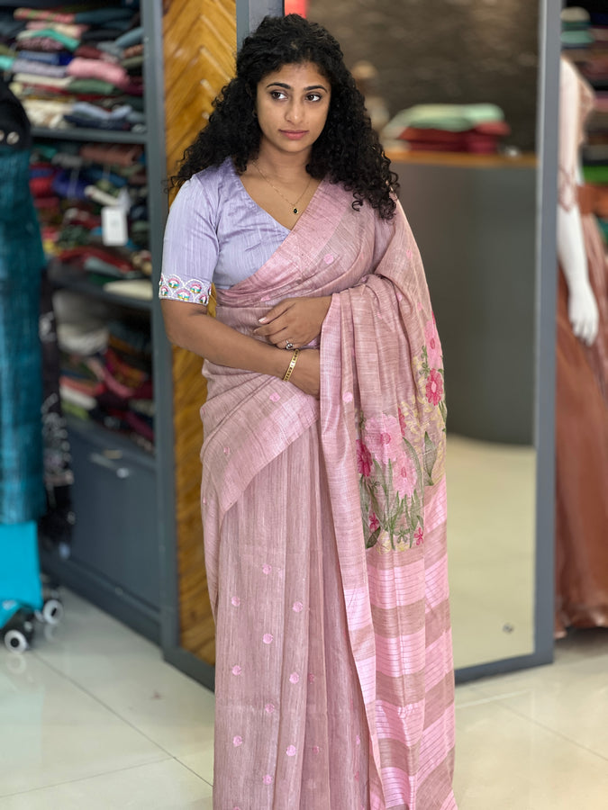 Floral Embroidery Bhagalpuri Linen Saree | NHH222