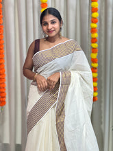 Zari and Thread Stripes Weaved Kerala Cotton Saree | KL416