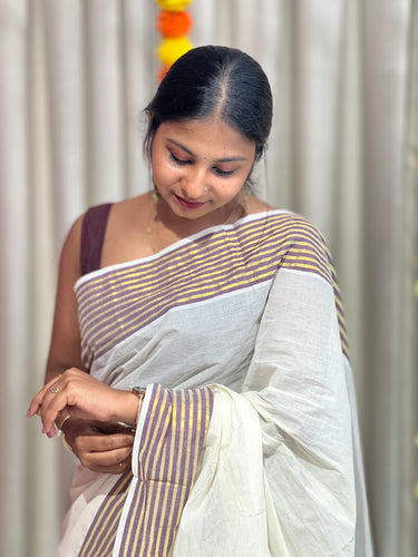 Zari and Thread Stripes Weaved Kerala Cotton Saree | KL416