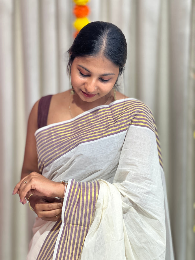 Zari and Thread Stripes Weaved Kerala Cotton Saree | KL416
