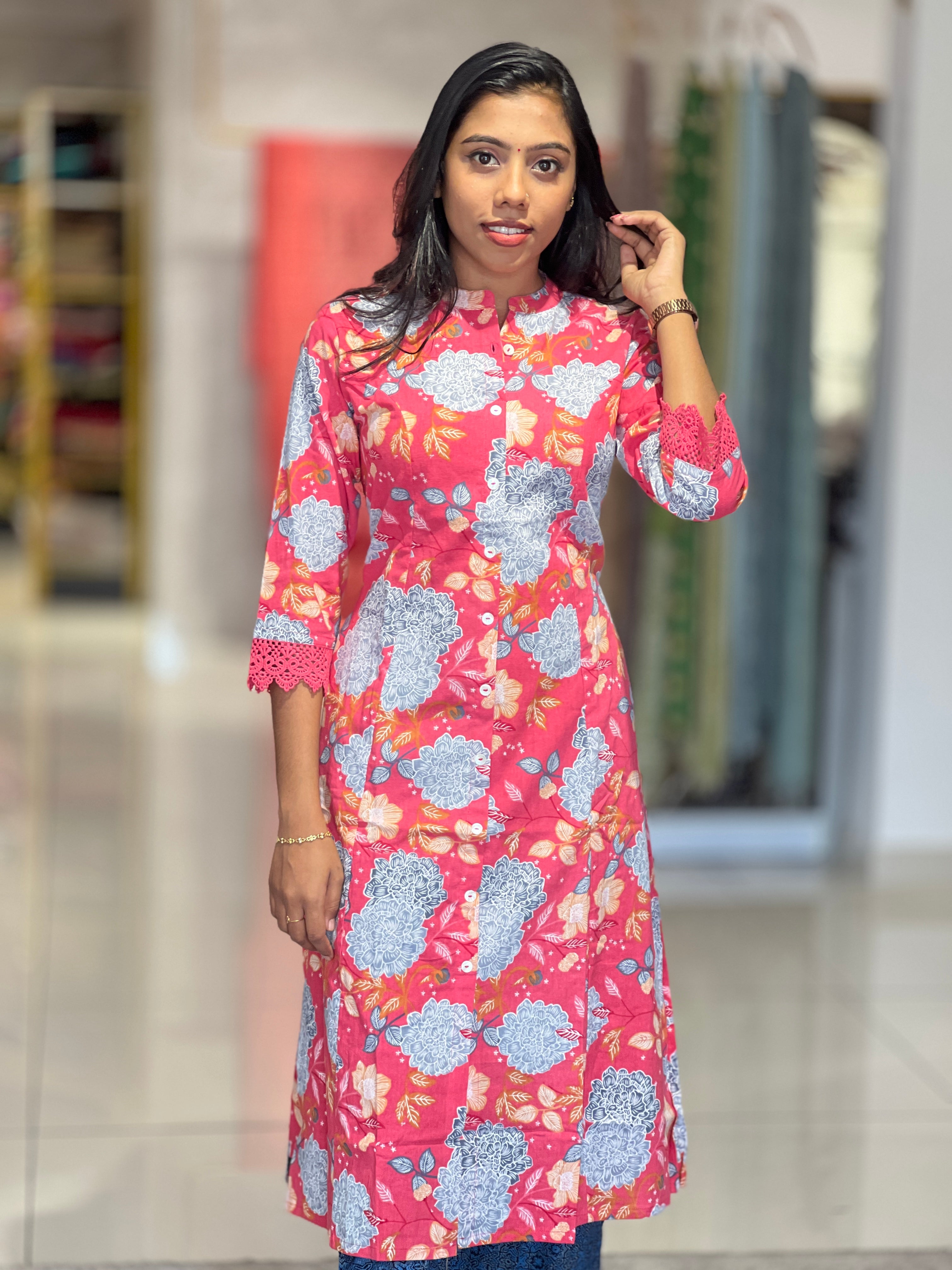 Printed With Lace Detailed Mul Cotton Kurta | SJL125