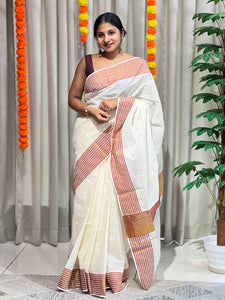 Zari and Thread Stripes Weaved Kerala Cotton Saree | KL417