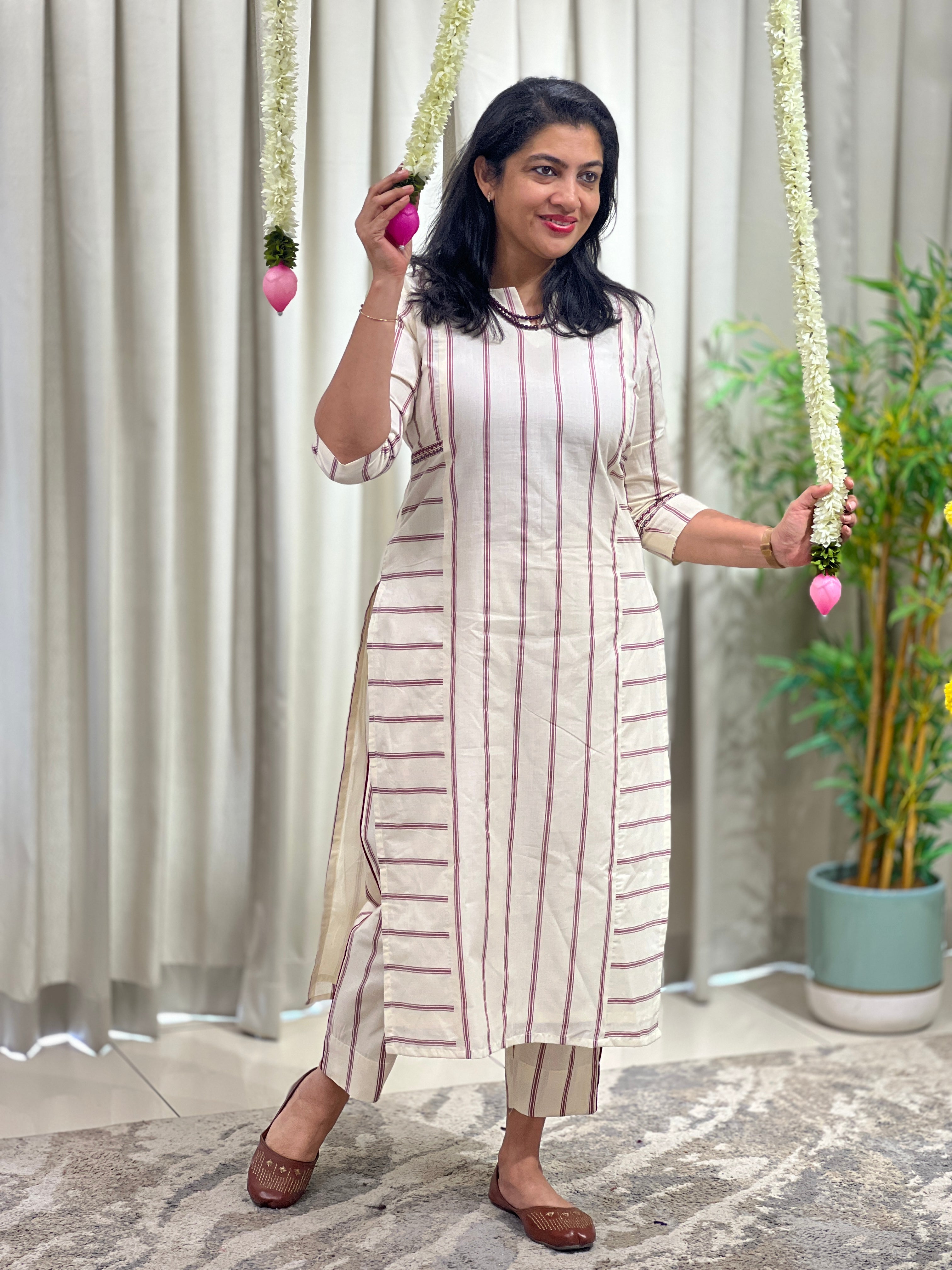Classic Vertical Line Kara Cotton Cord Set (Un Stitched )  | OKM108