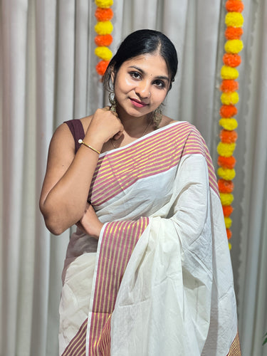 Zari and Thread Stripes Weaved Kerala Cotton Saree | KL417
