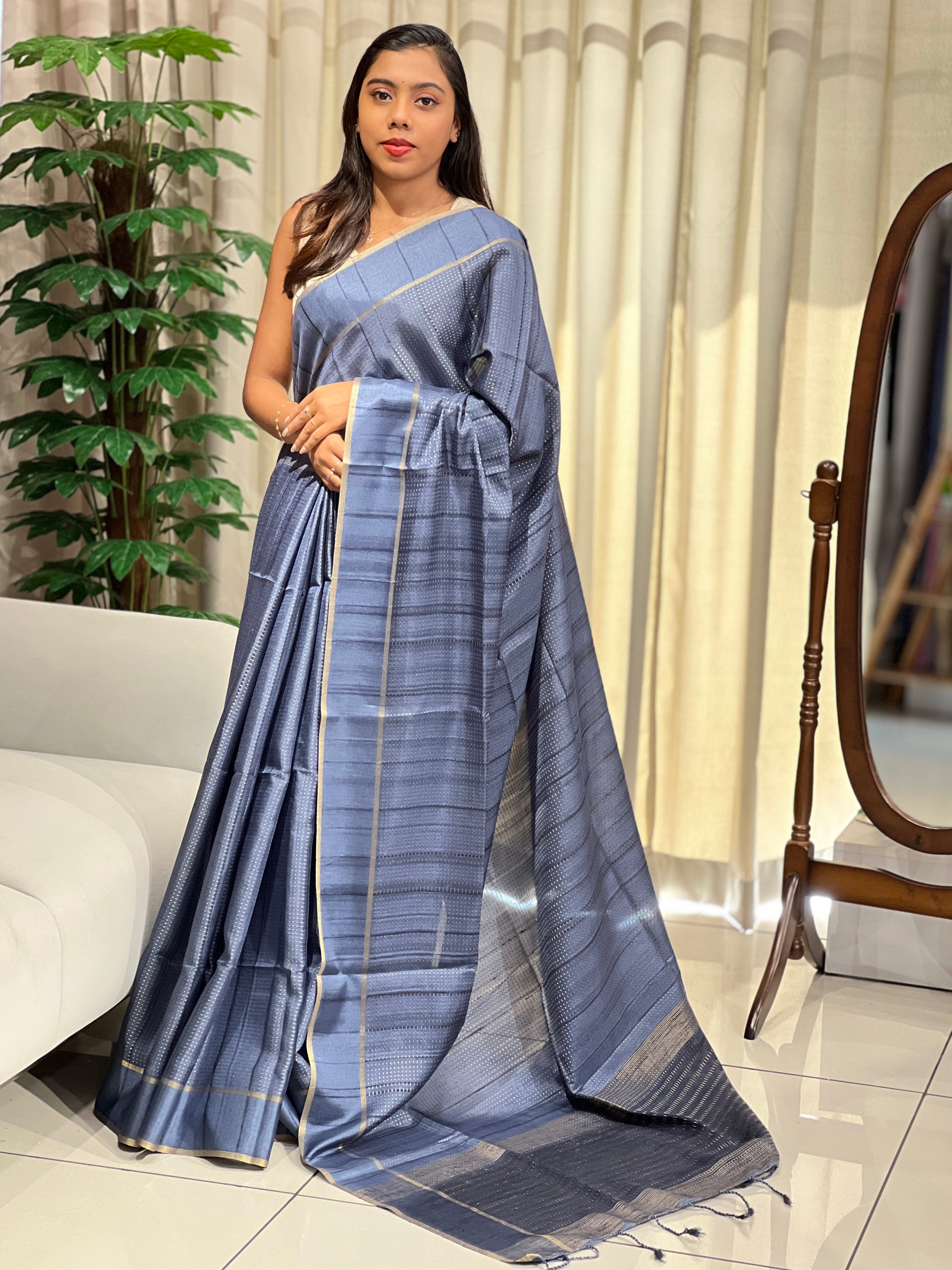 Running Stitch Detailed Semi Tussar Saree | SSN487