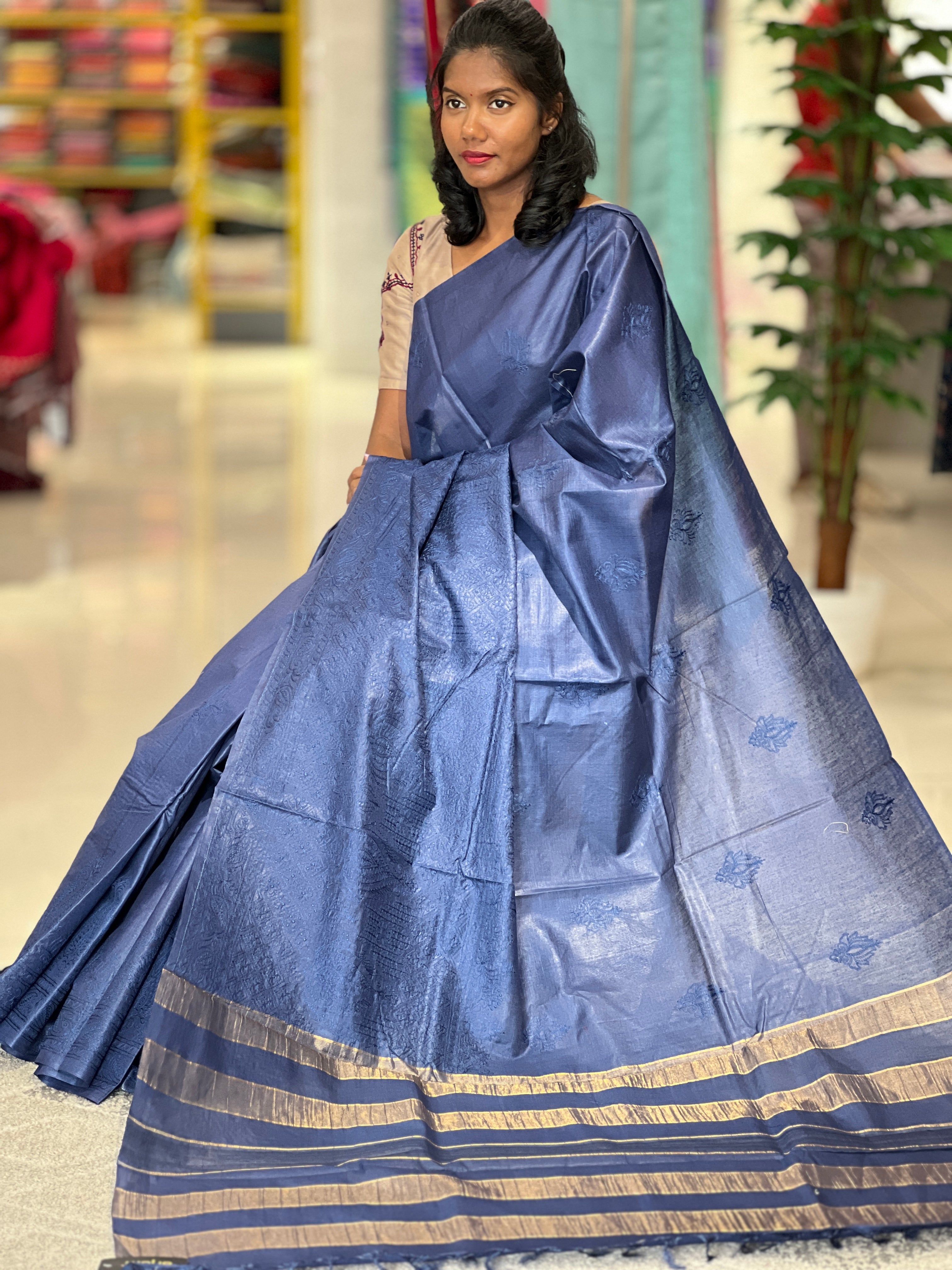 Machine Embroidered Bamboo Tussar Saree | MNH416
