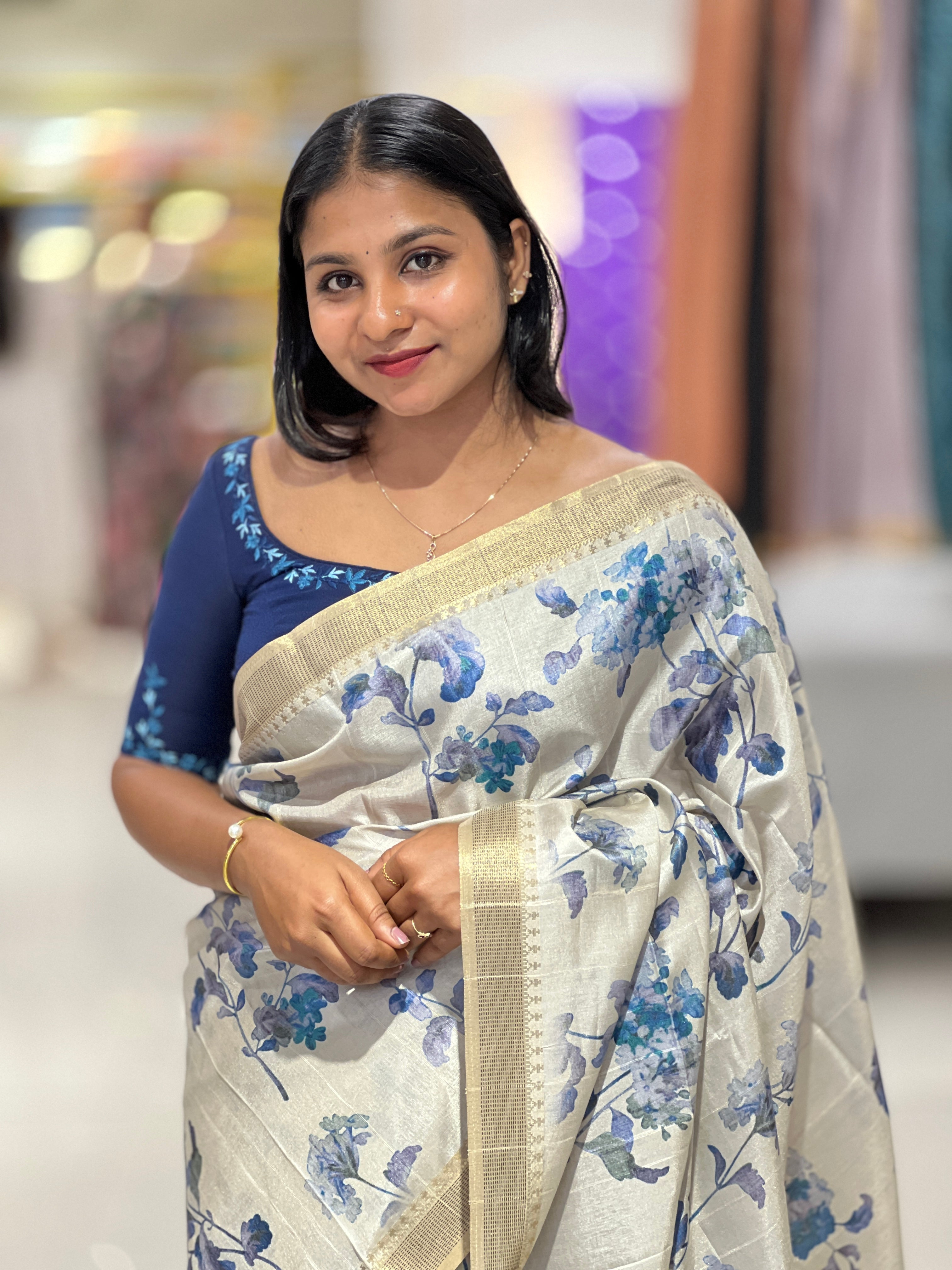 Floral Digital Print Detailed Semi Tussar Saree | SSN232