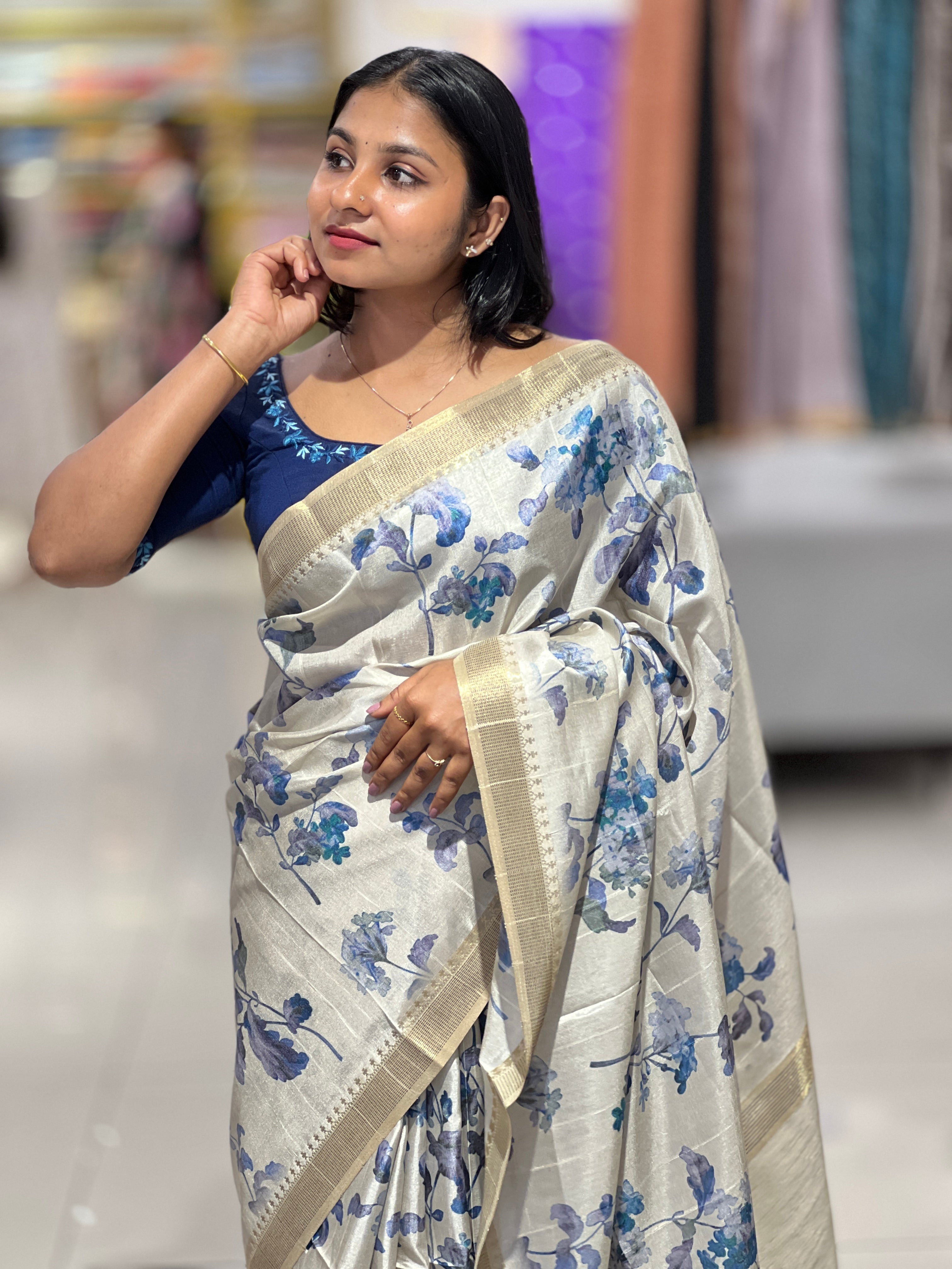 Floral Digital Print Detailed Semi Tussar Saree | SSN232