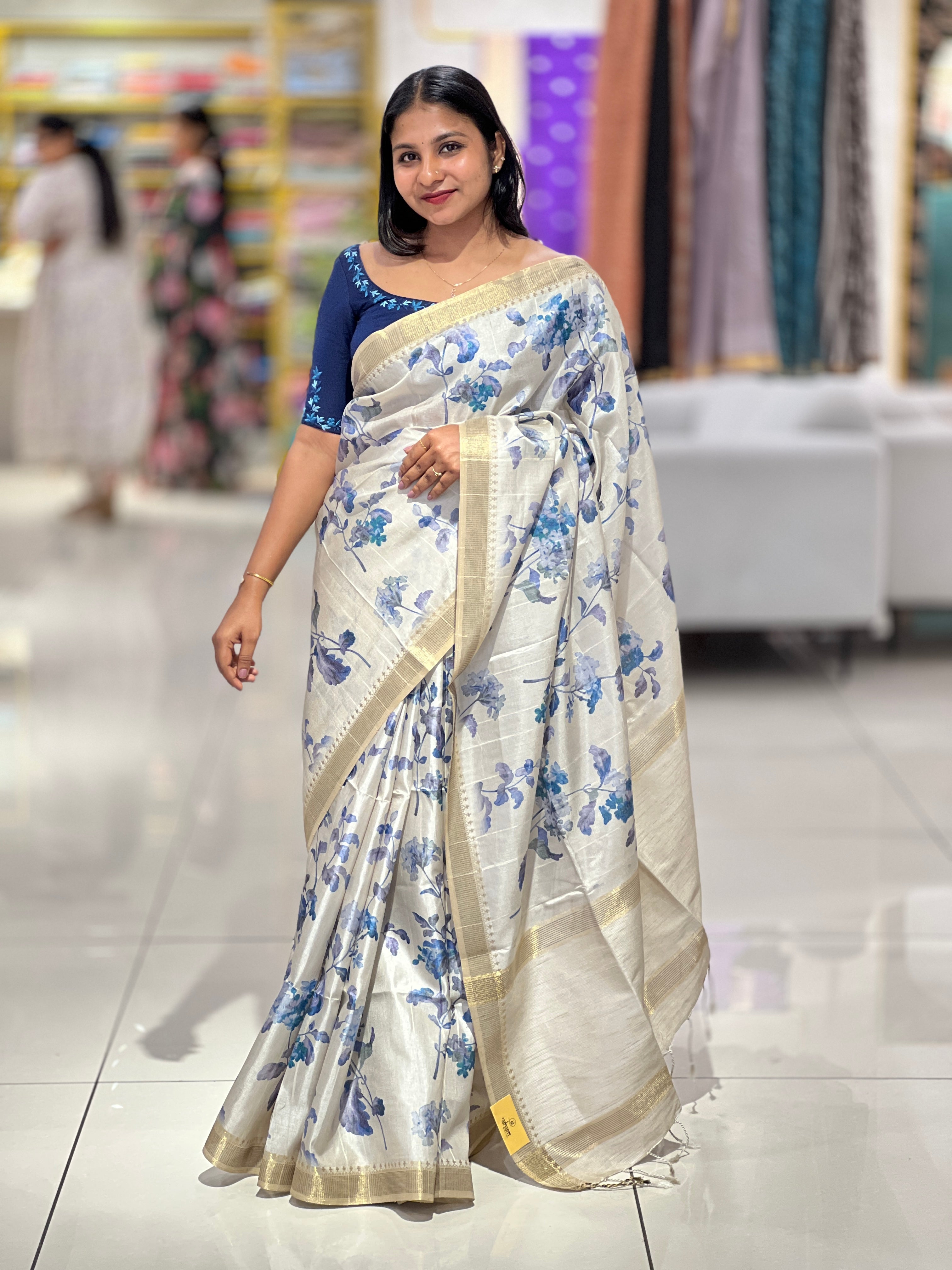 Floral Digital Print Detailed Semi Tussar Saree | SSN232