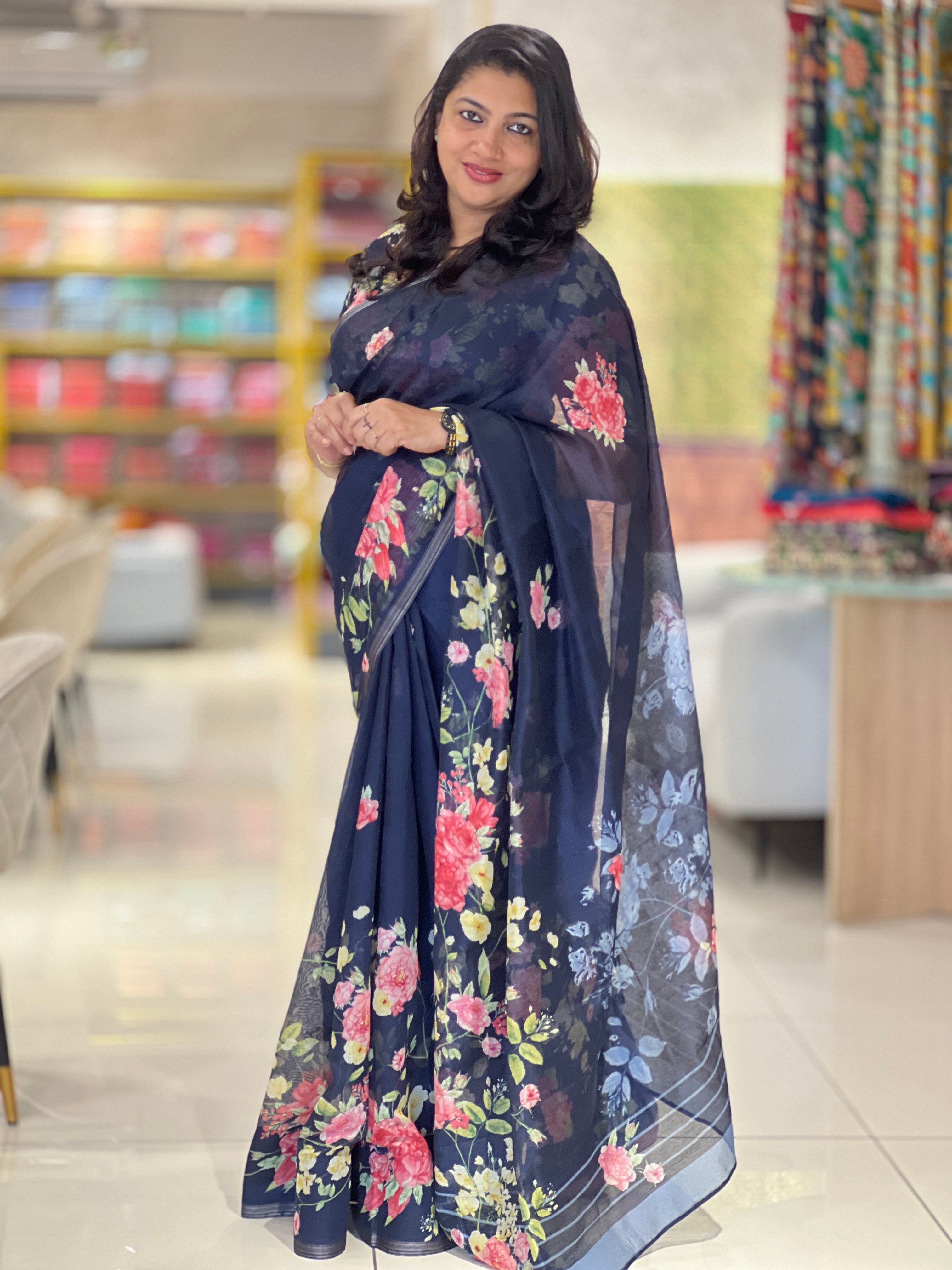 Floral Printed Linen Finish Saree | SSN104