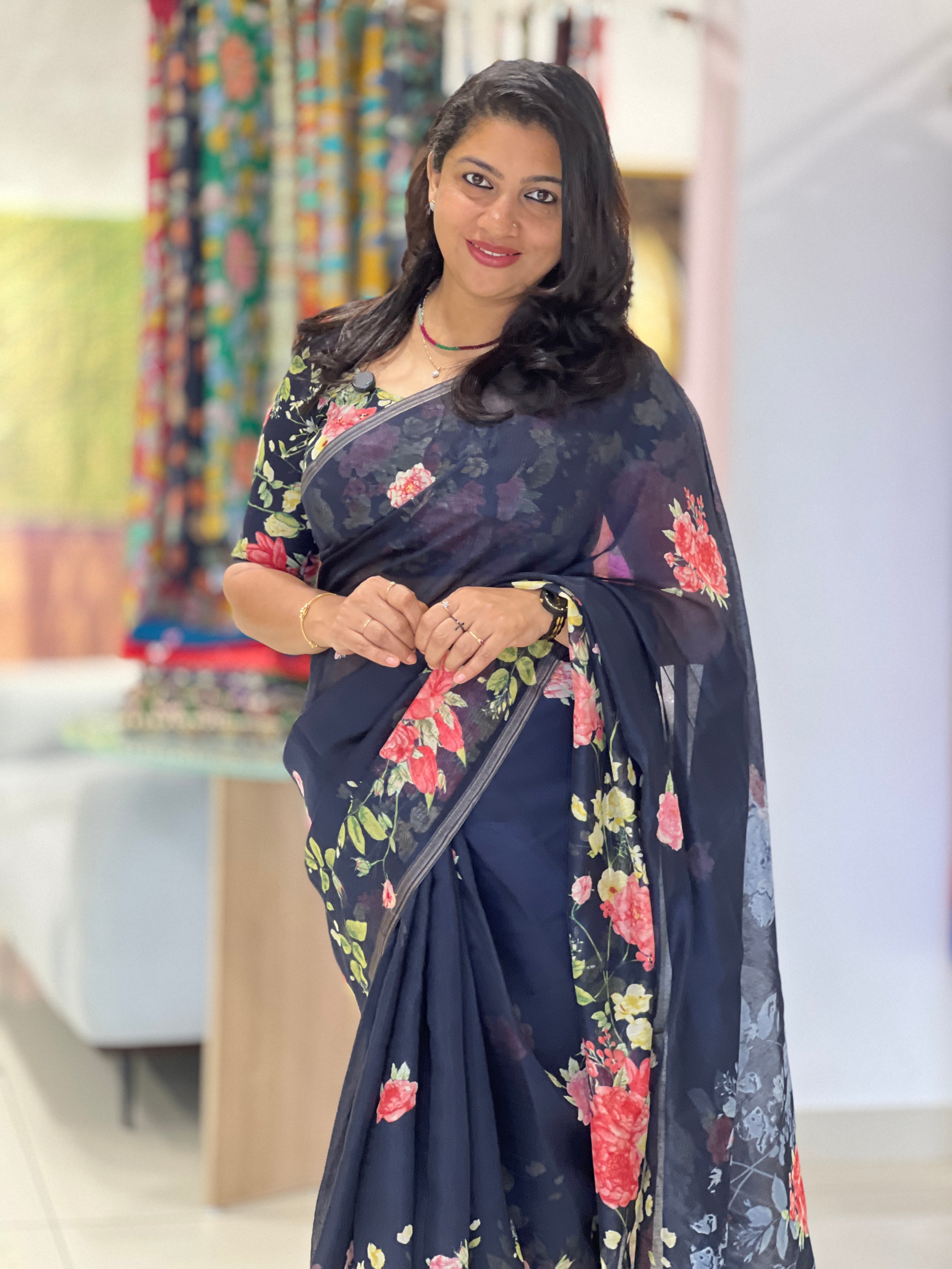 Floral Printed Linen Finish Saree | SSN104