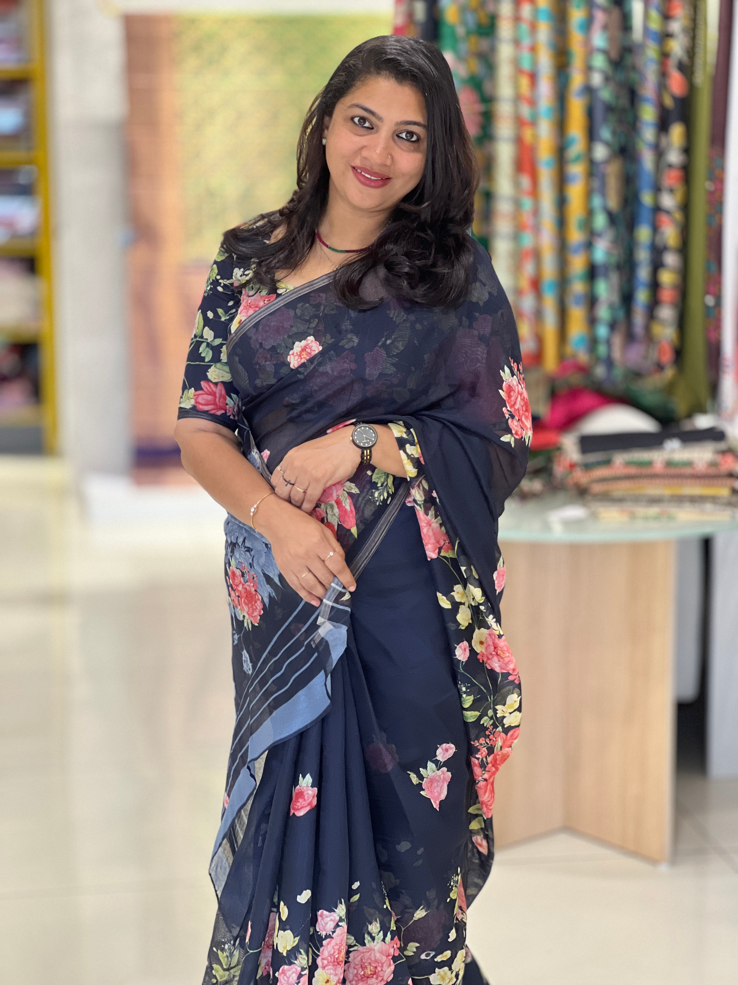 Floral Printed Linen Finish Saree | SSN104